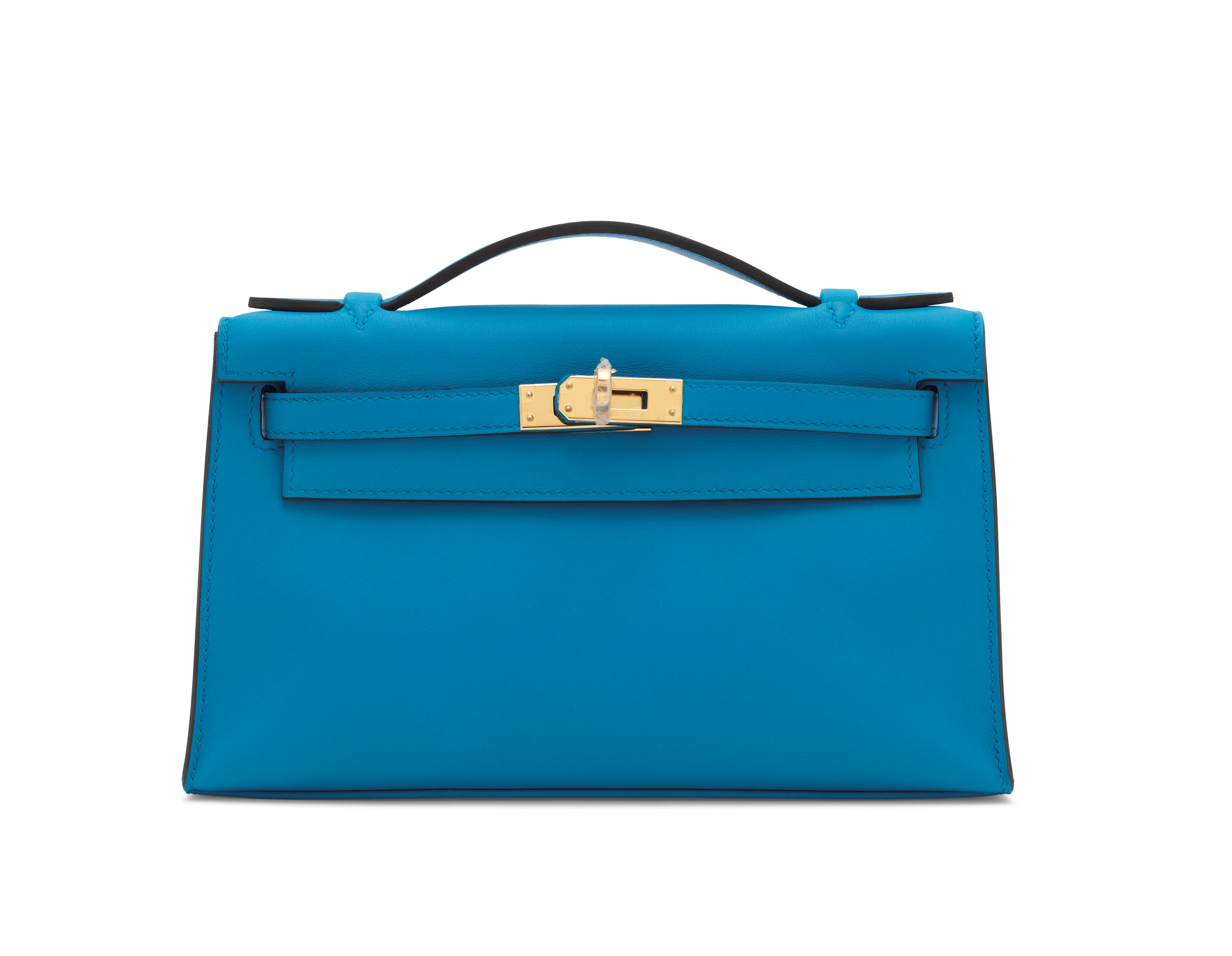 A BLEU ZANZIBAR SWIFT LEATHER KELLY POCHETTE WITH GOLD HARDWARE