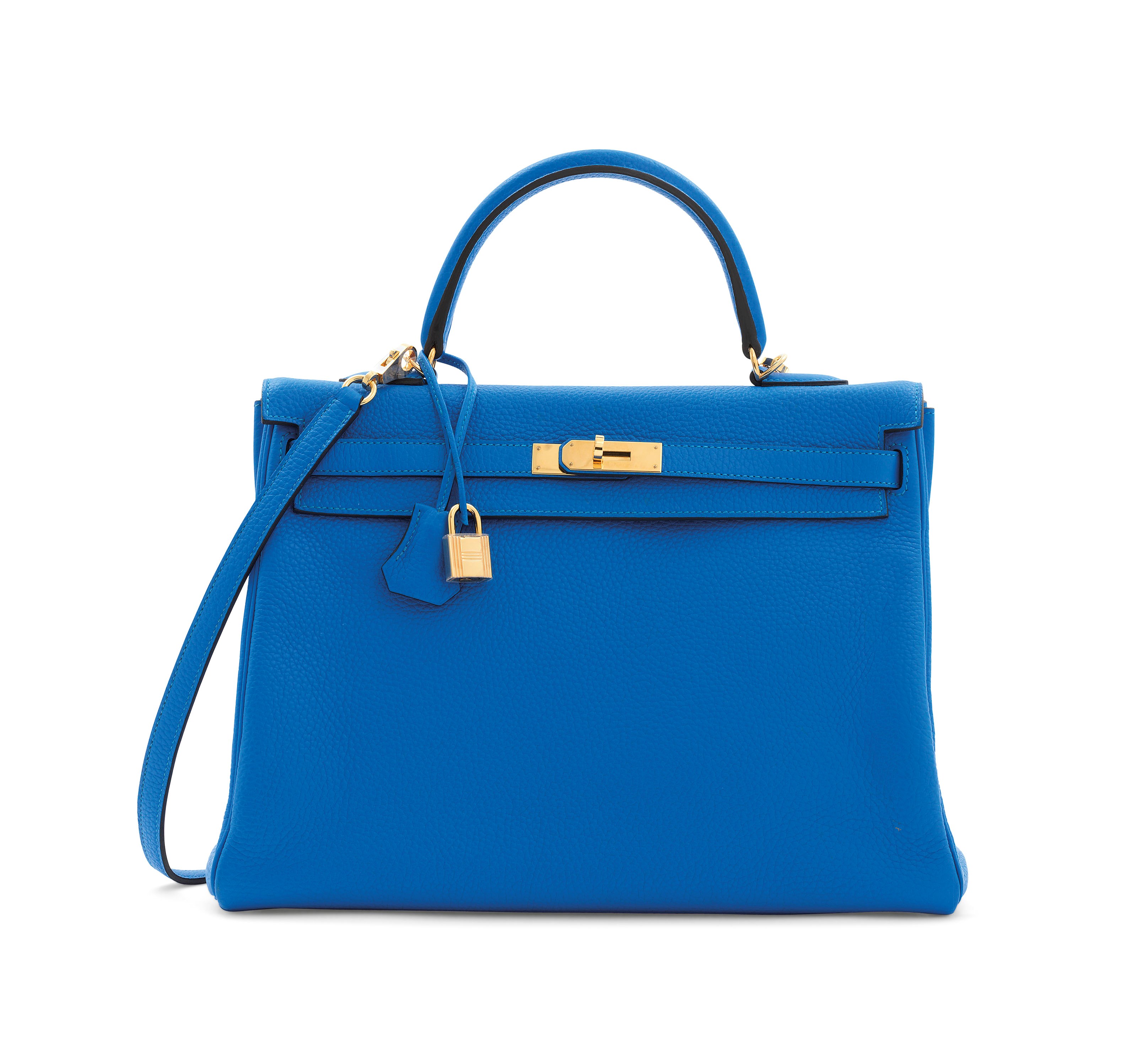 A BLEU HYDRA CLÉMENCE LEATHER RETOURNÉ KELLY 35 WITH GOLD HARDWARE