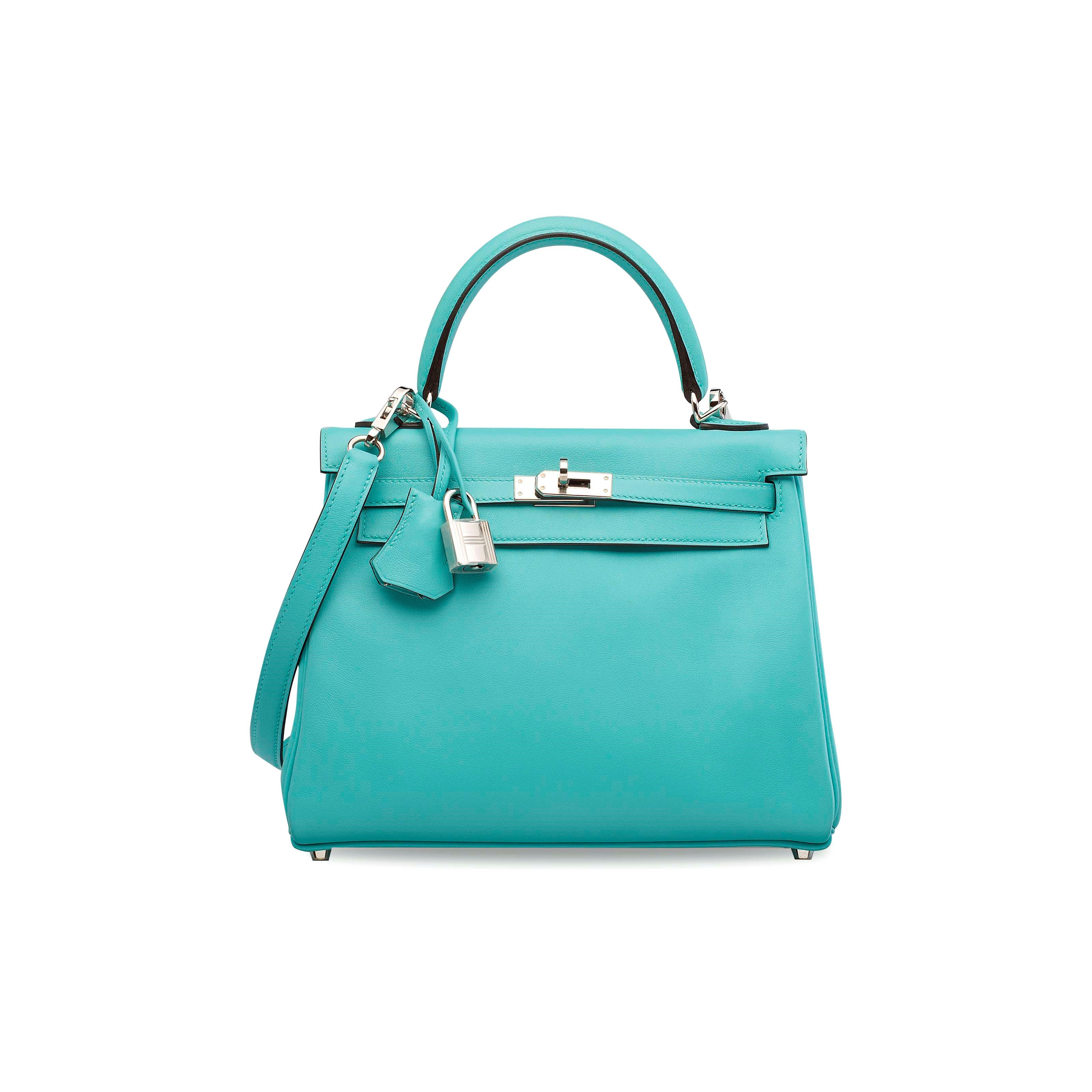 A BLEU ATOLL SWIFT LEATHER RETOURNÉ KELLY 25 WITH PALLADIUM HARDWARE