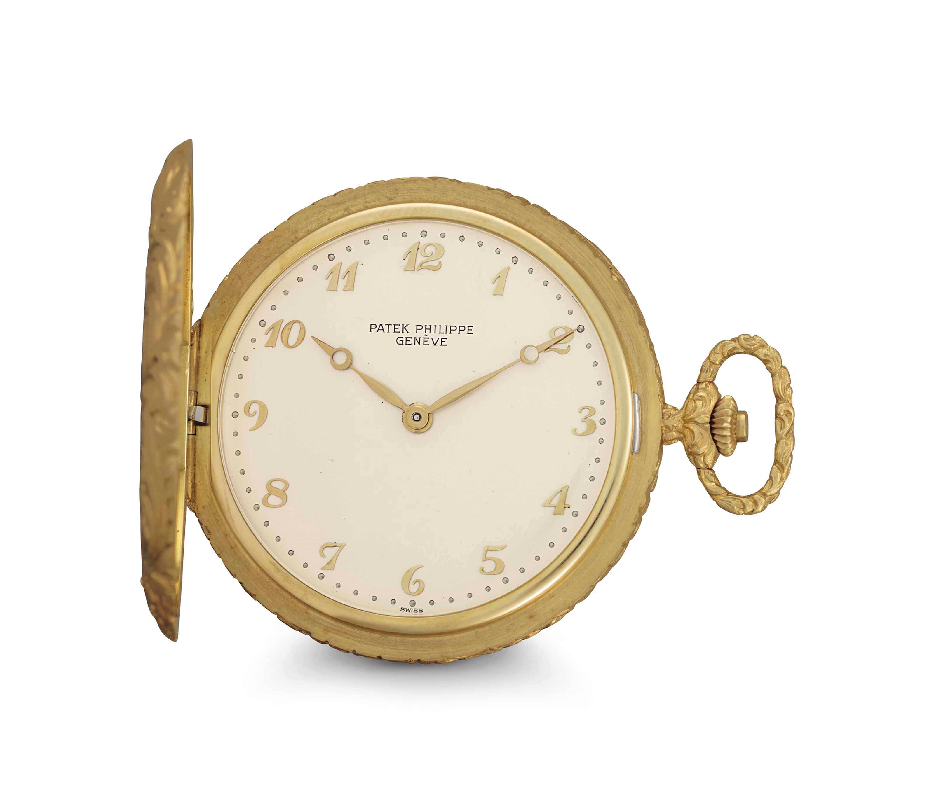Patek Philippe. A Unique and Finely Engraved 18k Gold Hunter Case Pocket watch with Breguet Numerals