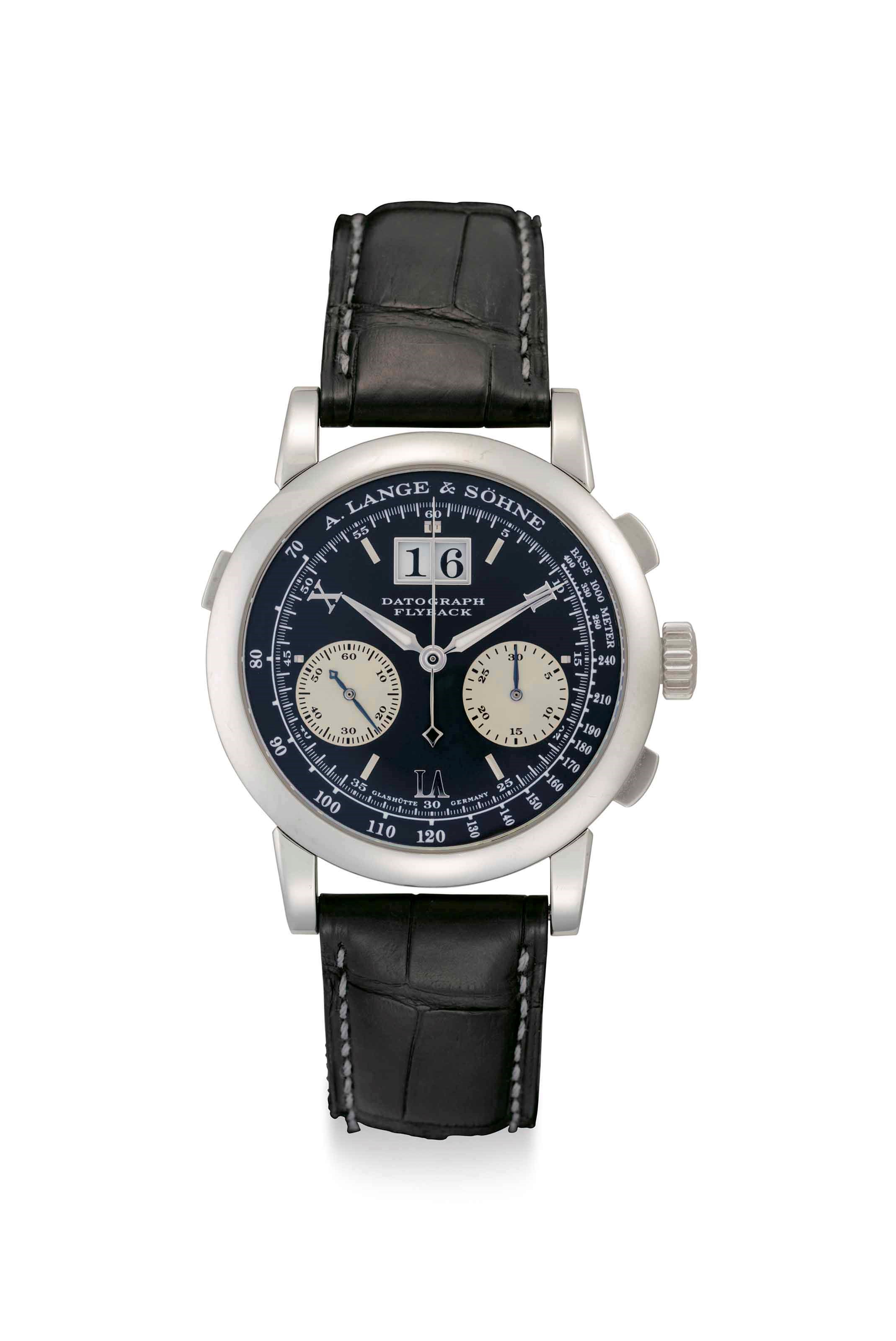 A. Lange & Söhne. A Fine and Large Platinum Flyback Chronograph Wristwatch with Oversized Date