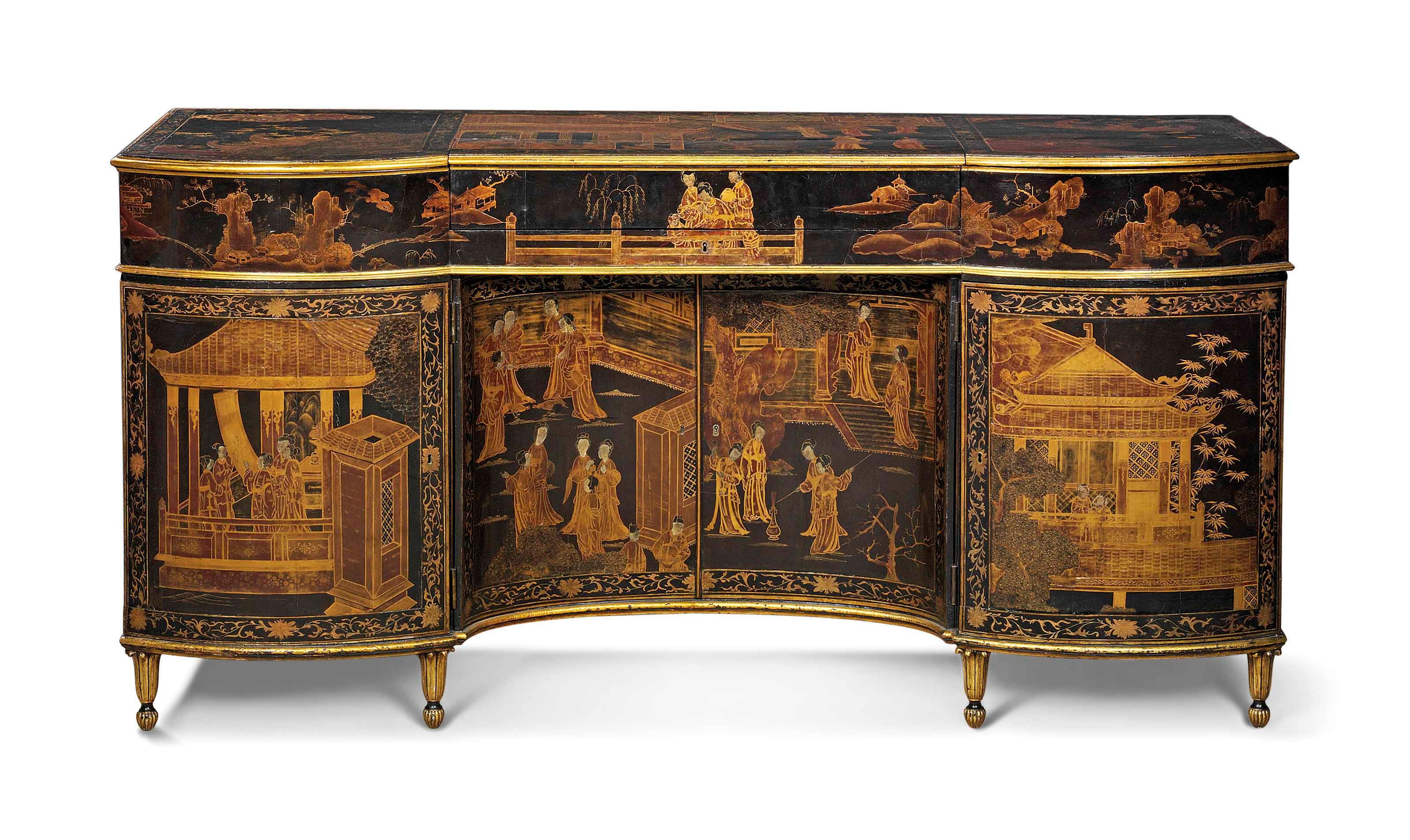 A GEORGE III CHINESE LACQUER AND JAPANNED SMALL PIANO FORTE