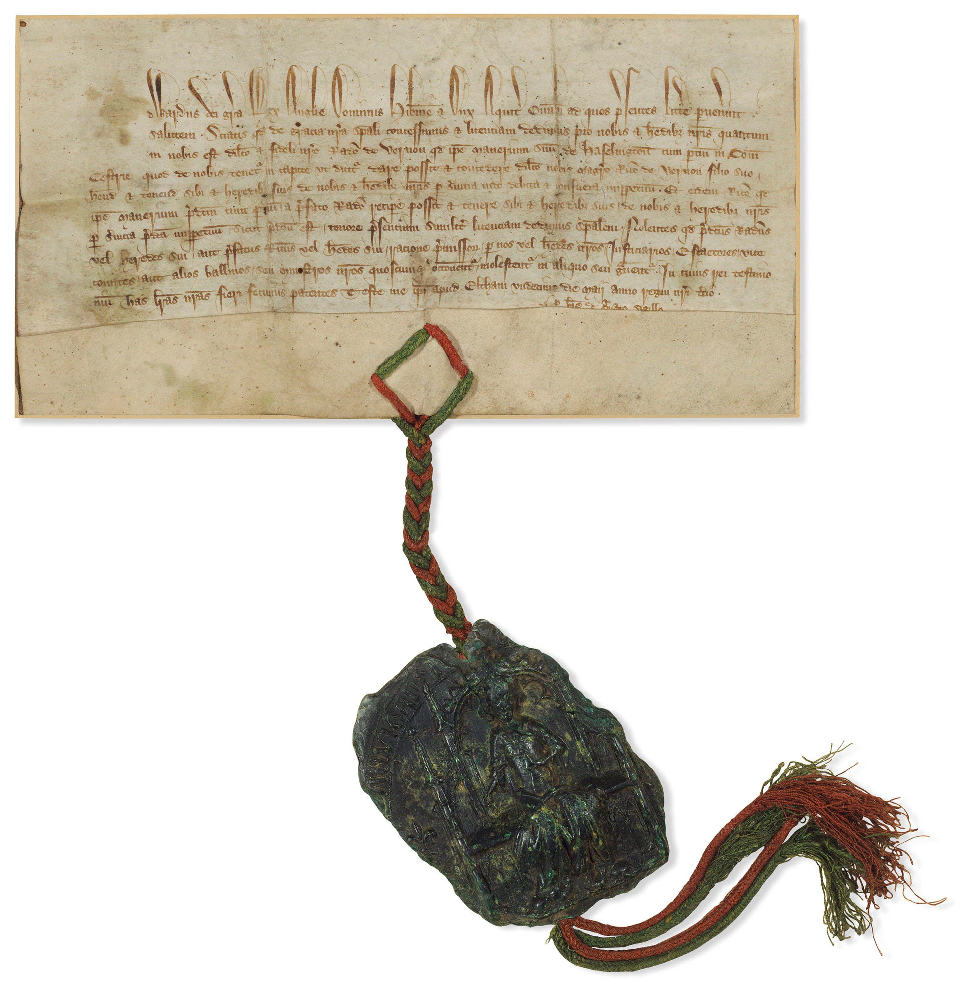 EDWARD III (1312-1377), King of England, lord of Ireland. Letters patent, a licence to Sir Ralph Vernon to alienate to his son, Master Richard Vernon, the manor of Haslington in Cheshire which he holds of the King in chief, Eltham Palace, 11 May 1329.