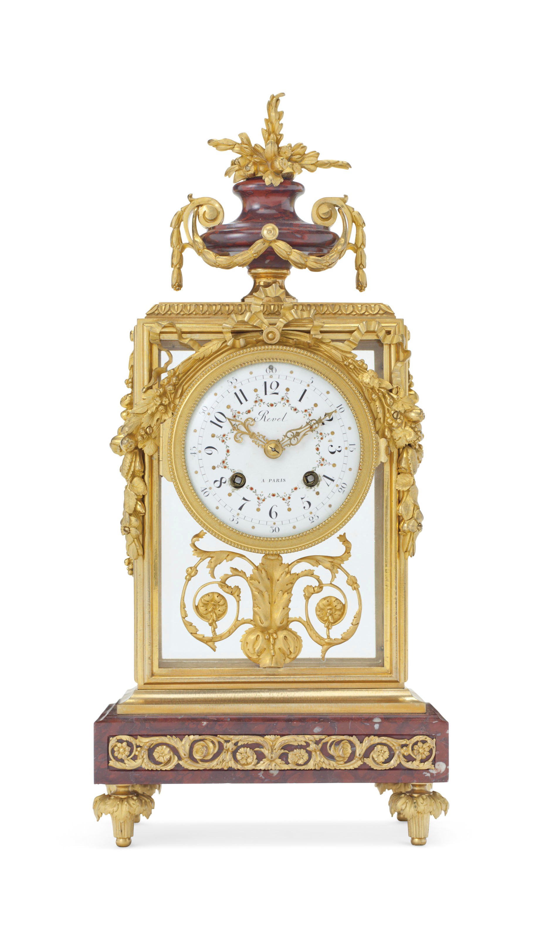 A NAPOLEON III ORMOLU AND ROUGE GRIOTTE MARBLE MANTEL CLOCK