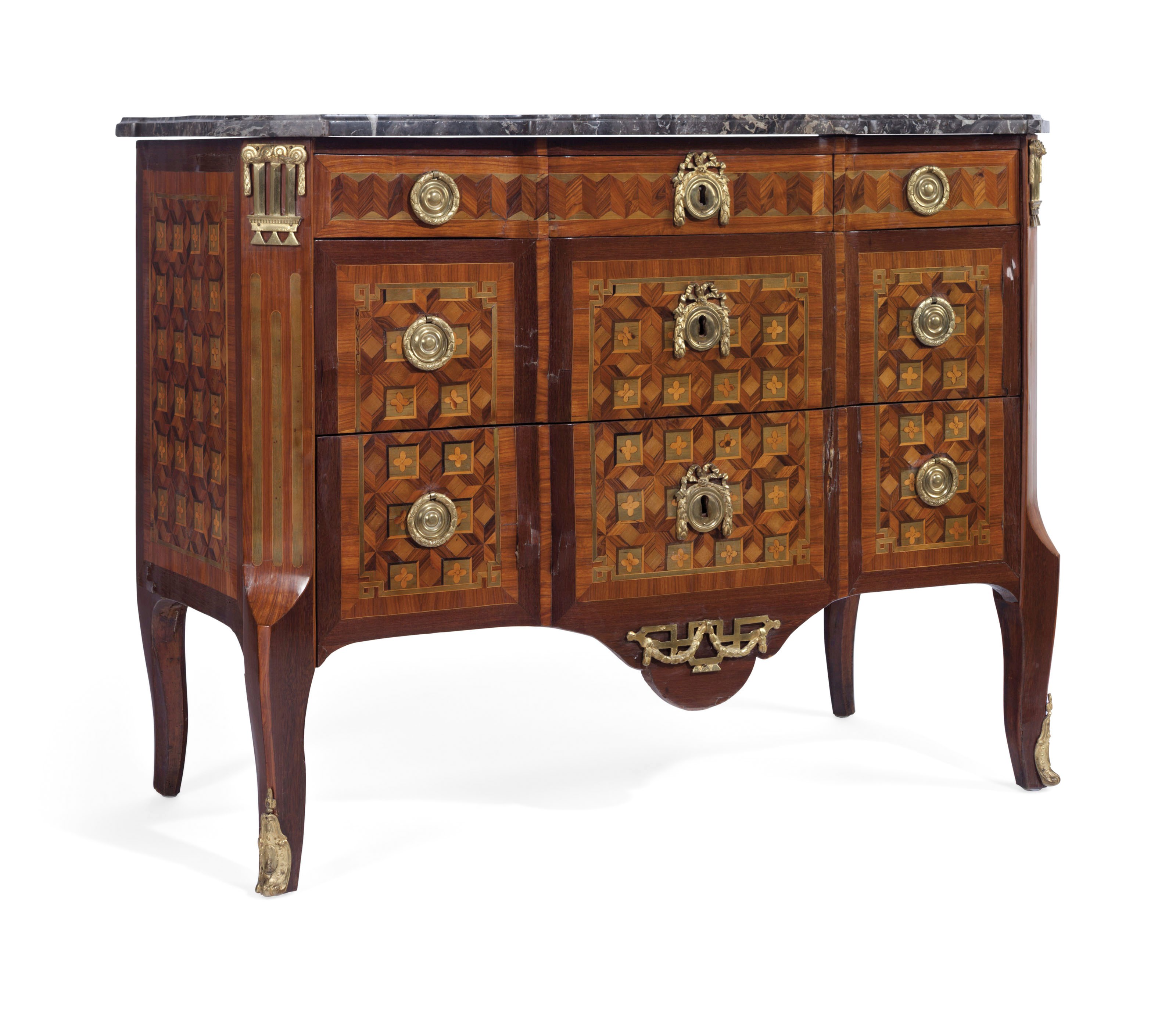 A LATE LOUIS XV ORMOLU-MOUNTED TULIPWOOD, KINGWOOD, AMARANTH AND PARQUETRY COMMODE