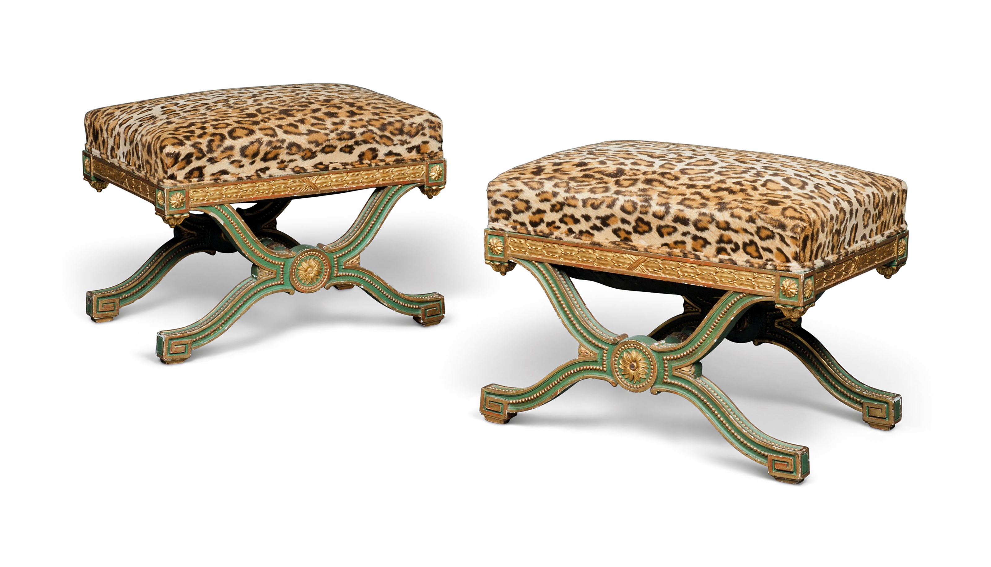 A PAIR OF FRENCH PARCEL-GILT AND GREEN-PAINTED STOOLS