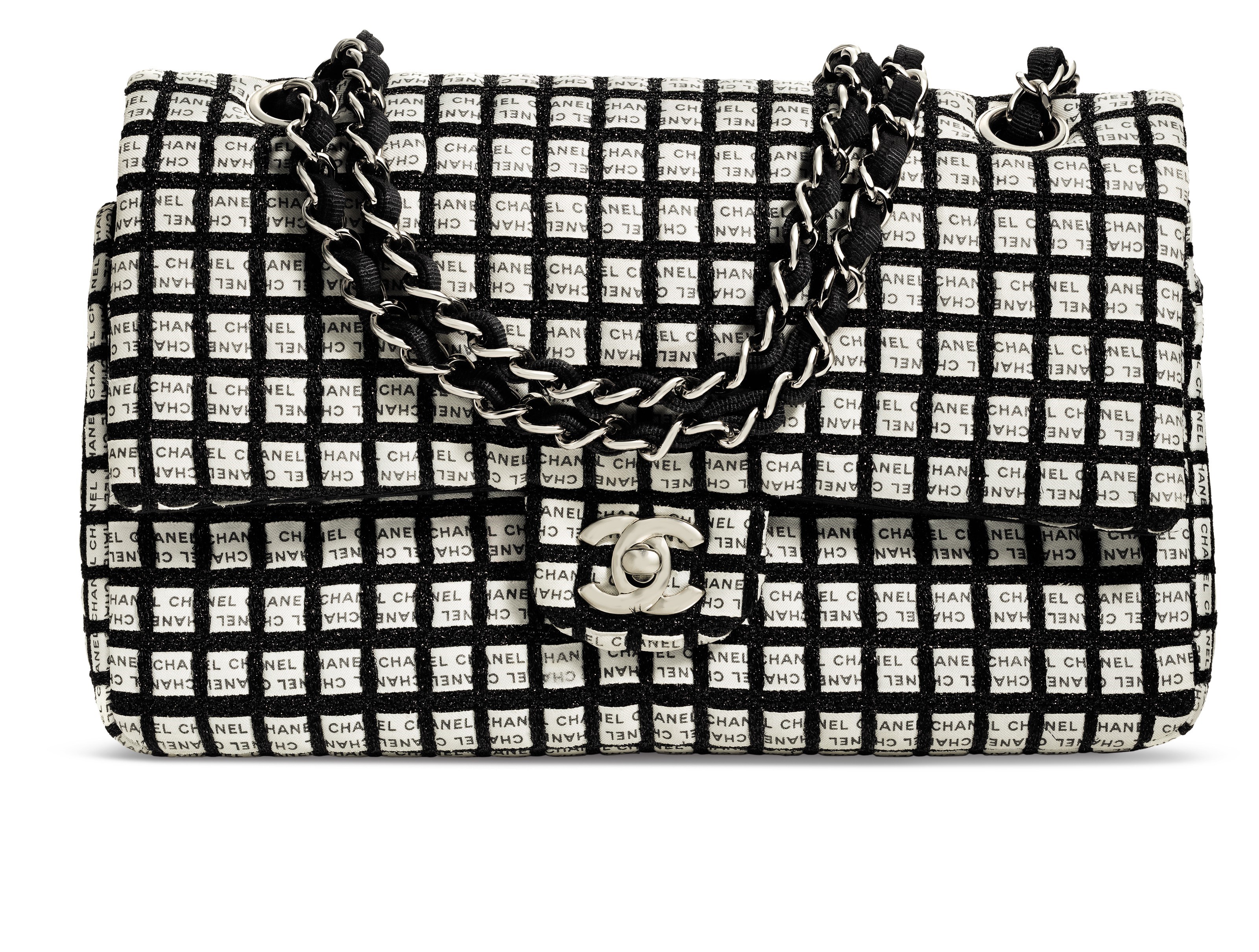 A BLACK & WHITE RIBBON WOVEN LUREX MEDIUM DOUBLE FLAP BAG WITH SILVER HARDWARE