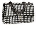 A BLACK & WHITE RIBBON WOVEN LUREX MEDIUM DOUBLE FLAP BAG WITH SILVER HARDWARE