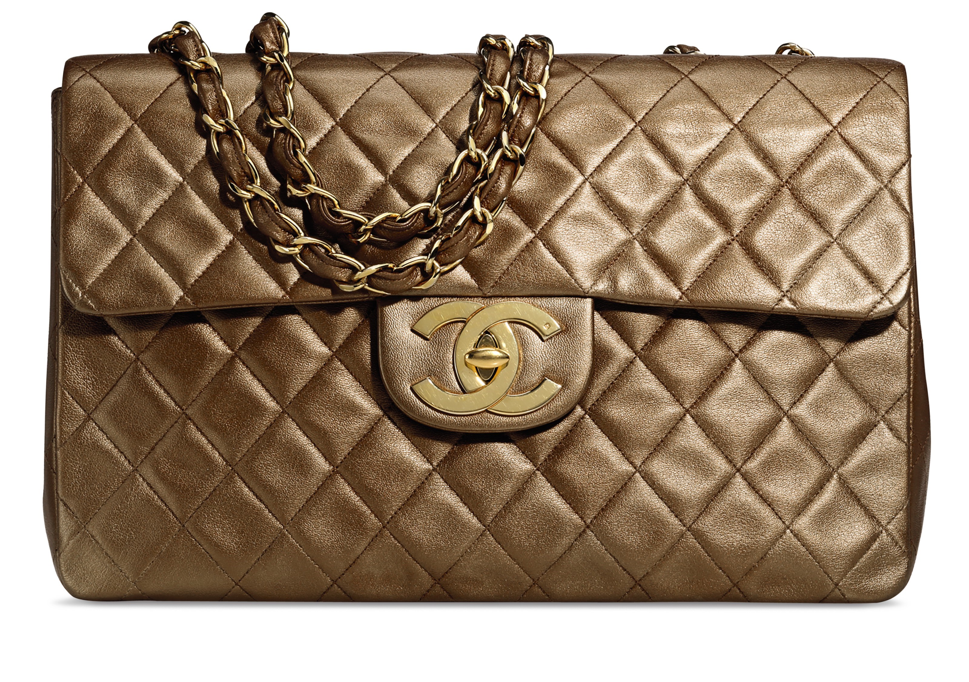 A BRONZE METALLIC LAMBSKIN LEATHER MAXI SINGLE FLAP BAG WITH GOLD HARDWARE