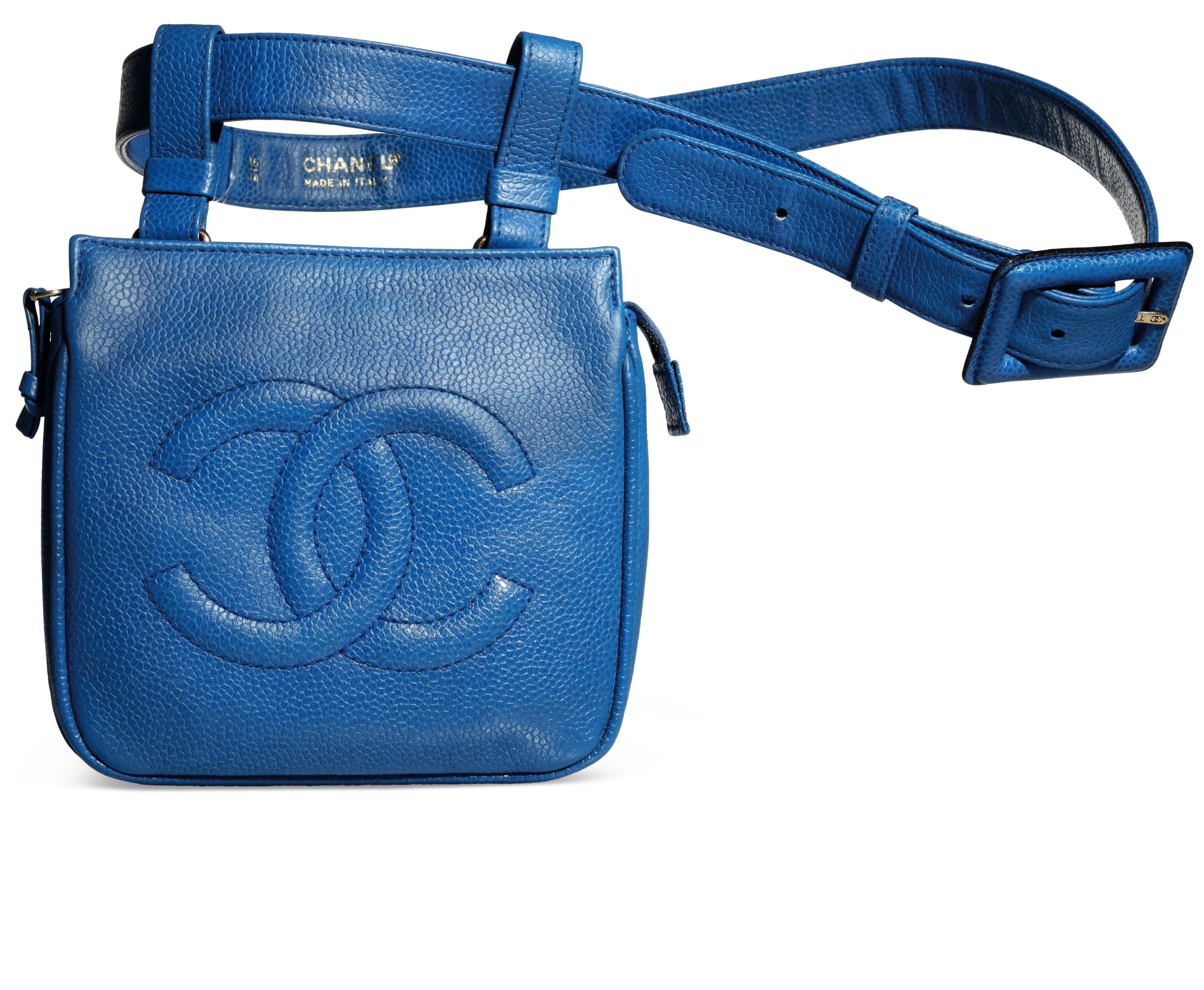A BLUE CAVIAR LEATHER BELT BAG WITH SILVER HARDWARE