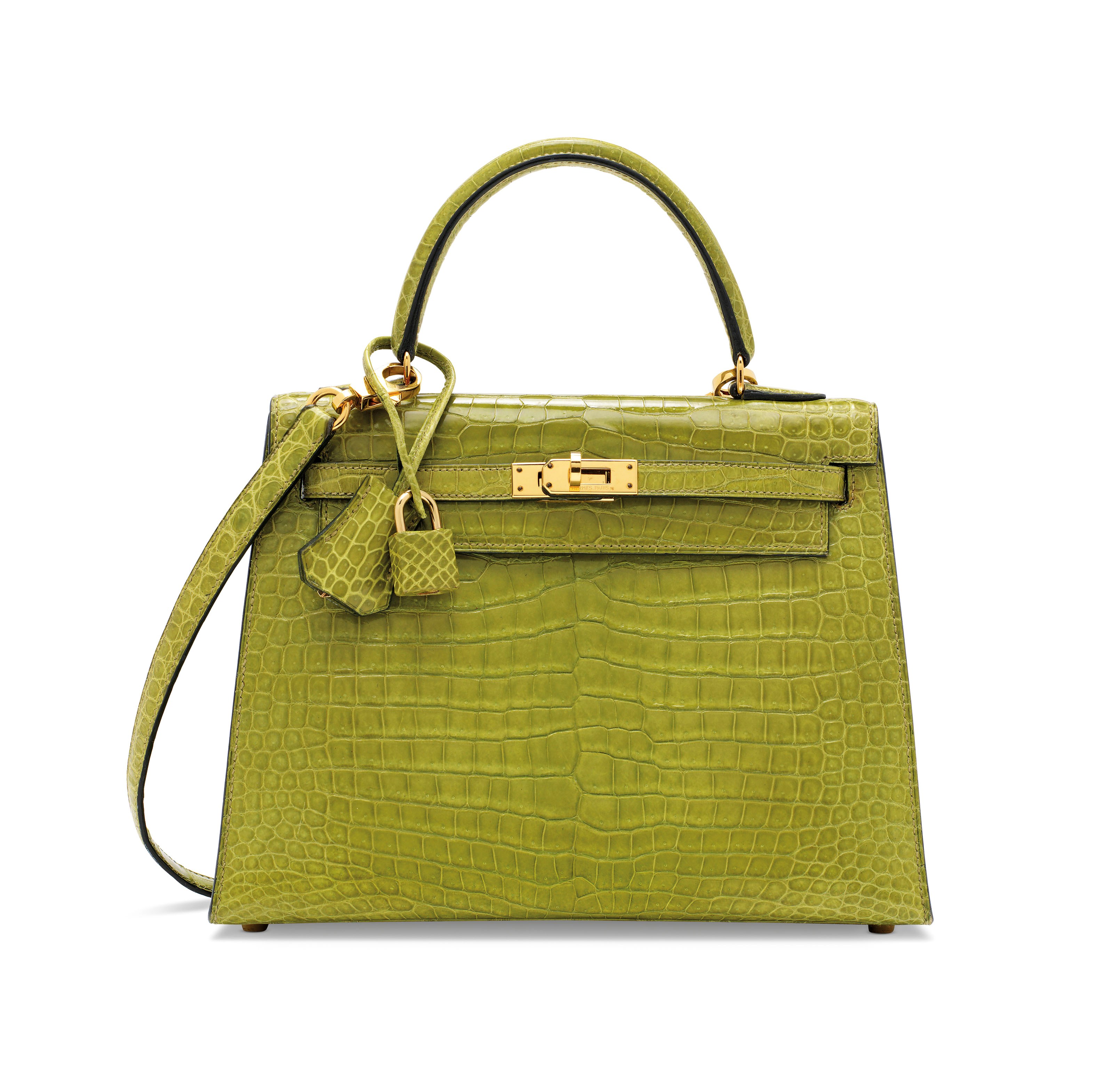 A SHINY VERT ANIS POROSUS CROCODILE SELLIER KELLY 25 WITH GOLD HARDWARE