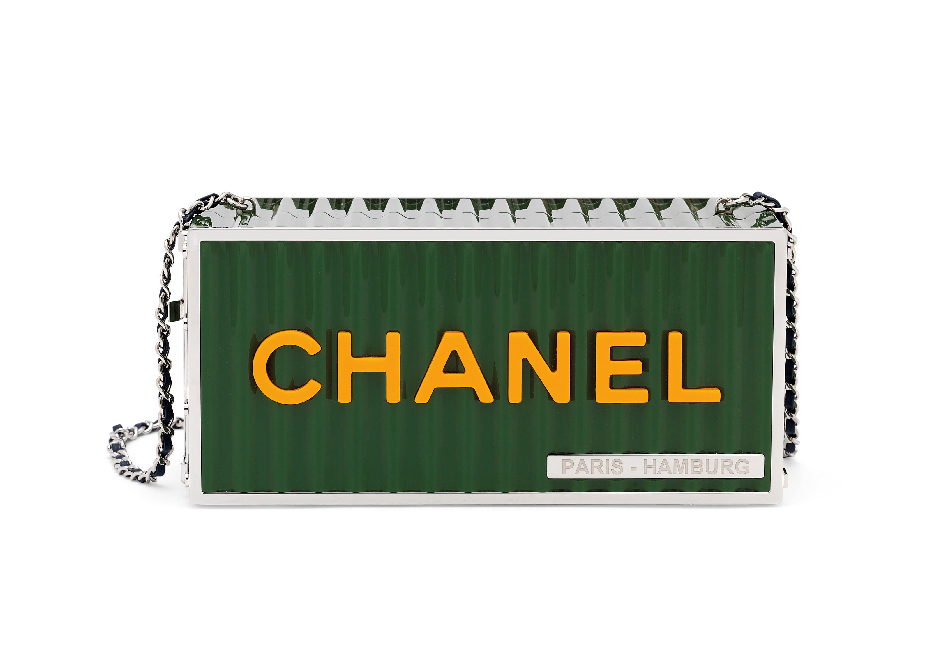 A MÉTIERS D’ARTS PARIS-HAMBURG FOREST GREEN LUCITE SHIPPING CONTAINER EVENING BAG