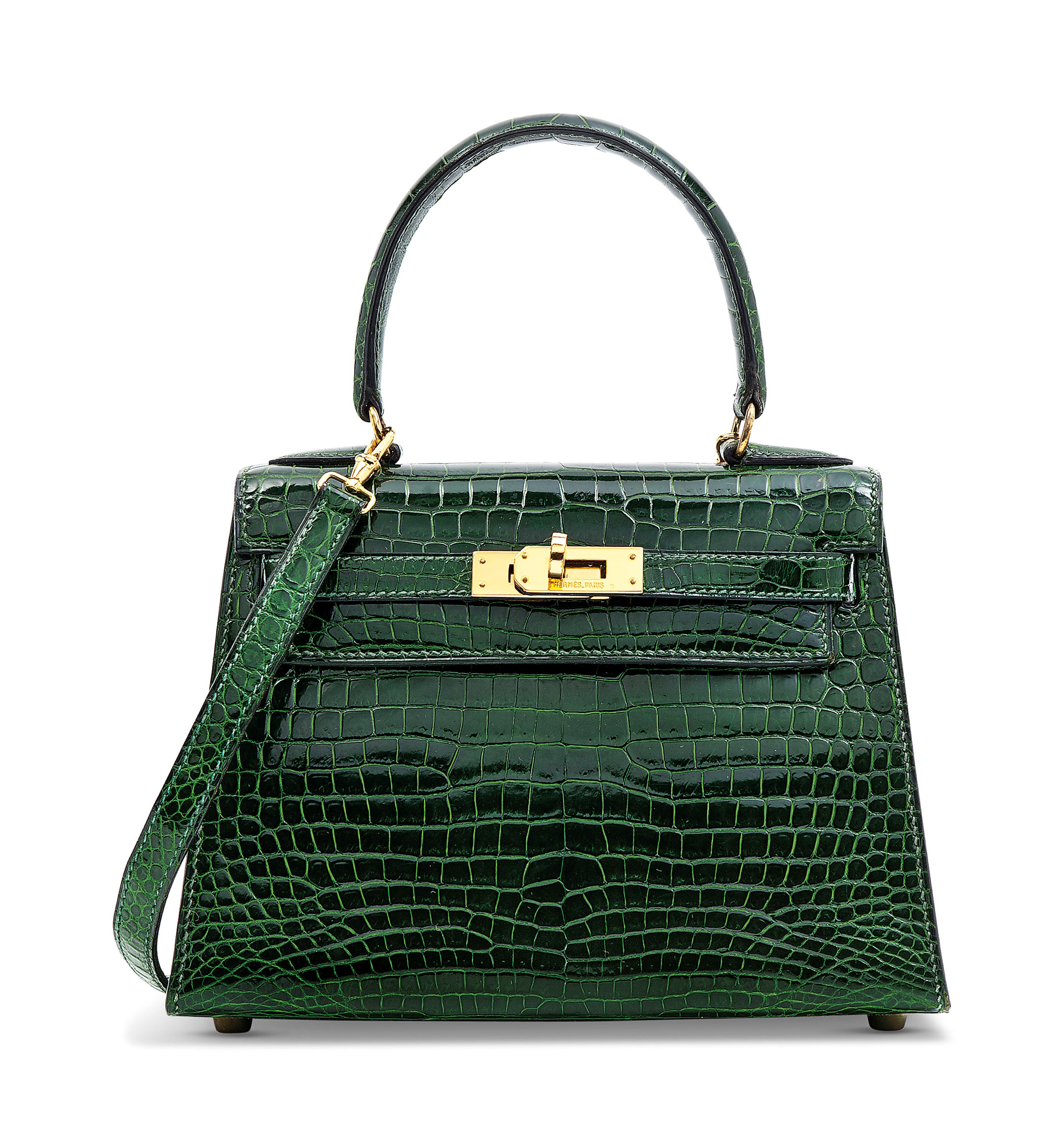 A SHINY VERT ÉMERAUDE POROSUS CROCODILE SELLIER MINI KELLY 20 WITH GOLD HARDWARE
