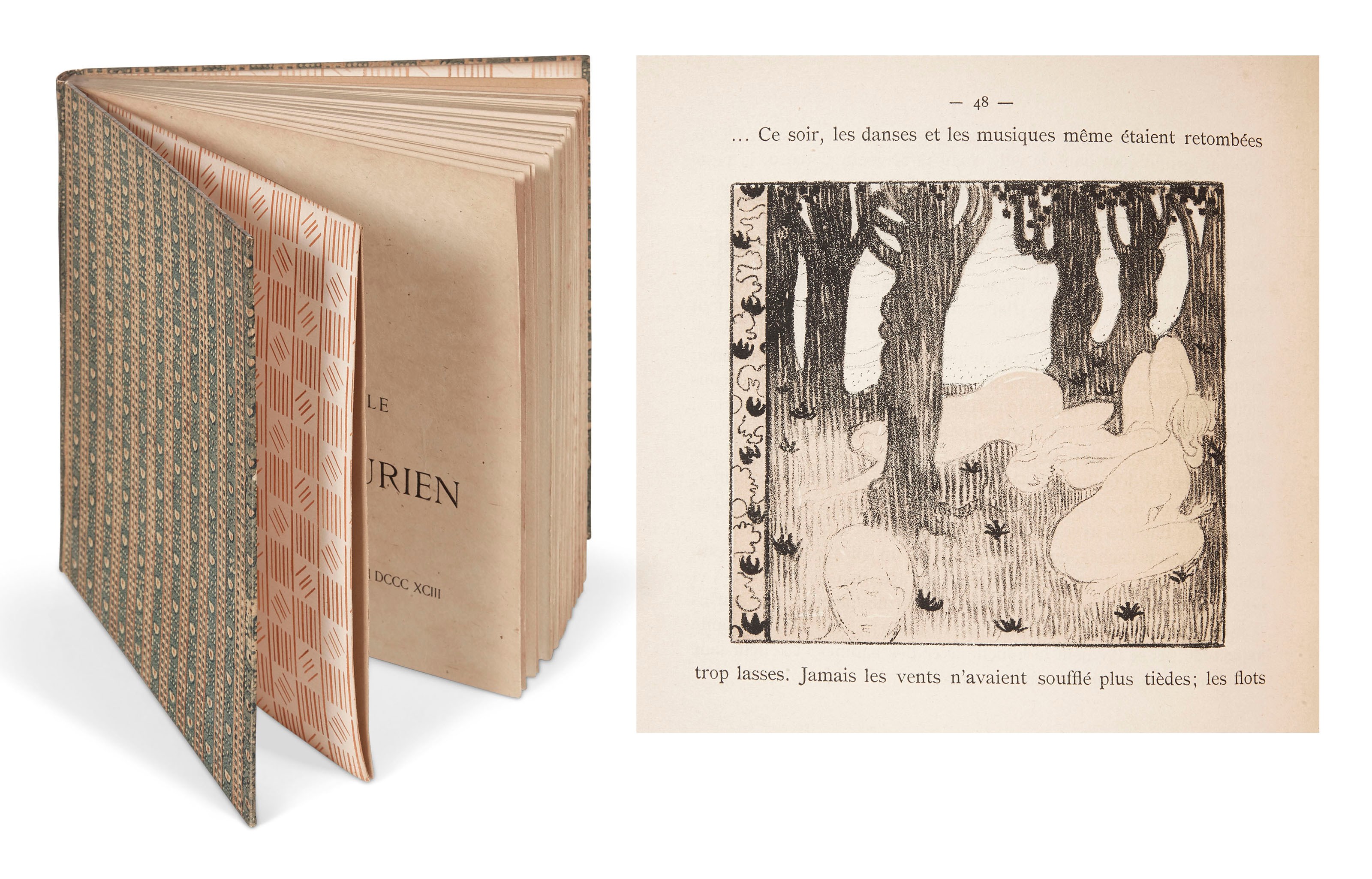 GIDE (A.) – DENIS (M.). Le Voyage d’Urien. Paris, Librairie de l’Art indépendant, 1893, in-4° carré, cartonnage à la Bradel, plats de papier dominoté polychrome, dos lisse, doublure et gardes de papier à décor à répétition, couverture illustrée, tête dorée, étui (reliure de l’époque).
