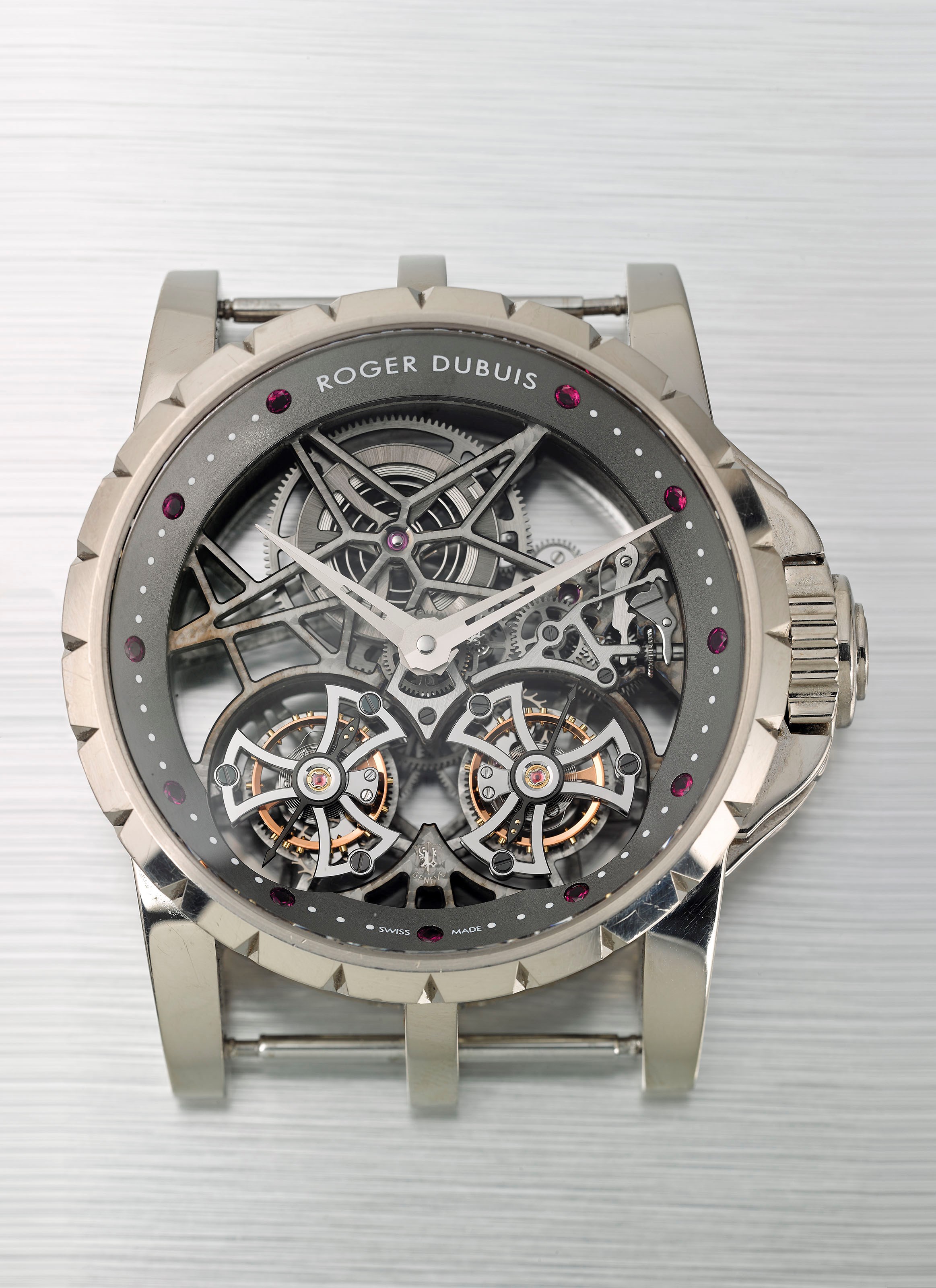 ROGER DUBUIS. AN EXTREMELY FINE AND VERY RARE 18K WHITE GOLD LIMITED EDITION SKELETONISED DOUBLE TOURBILLON WRISTWATCH