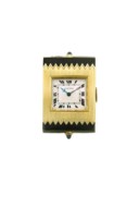 CARTIER. AN ATTRACTIVE AND RARE 18K GOLD ENAMEL AND SAPPHIRE “GUILLOTINE” POCKET WATCH