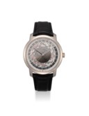 VACHERON CONSTANTIN. AN EXTREMELY FINE AND ATTRACTIVE 18K WHITE GOLD WORLD TIME WRISTWATCH WITH SWEEP CENTRE SECONDS, USB CERTIFICATE, ACCESSORIES AND BOX