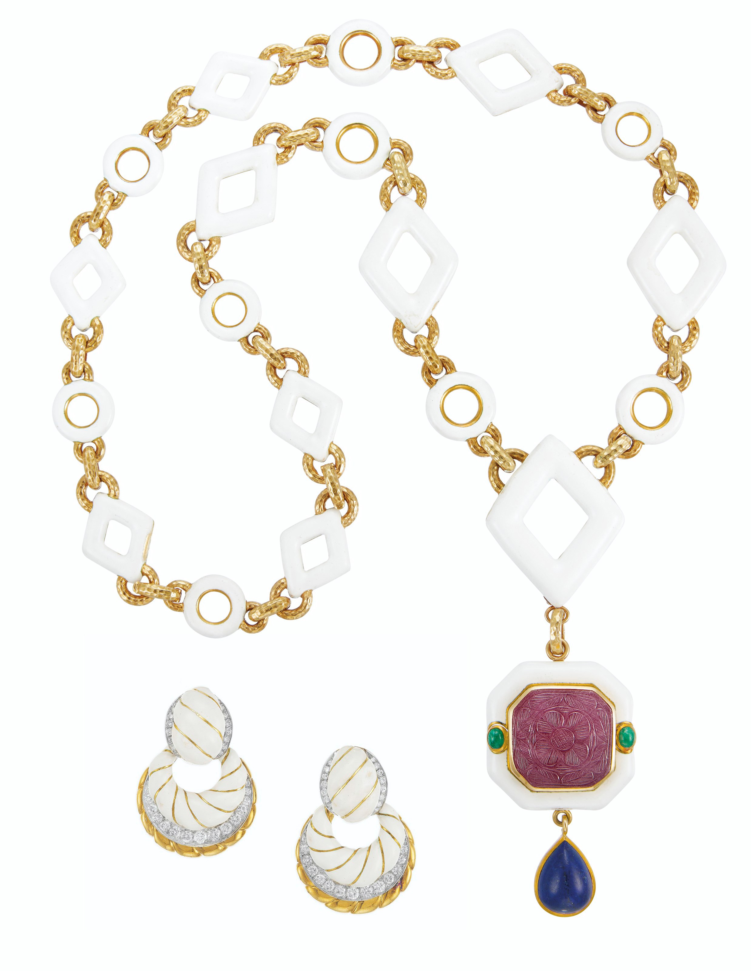 ENAMEL, DIAMOND AND MULTI-GEM PENDANT NECKLACE AND 'VIRGO' RING, DAVID WEBB