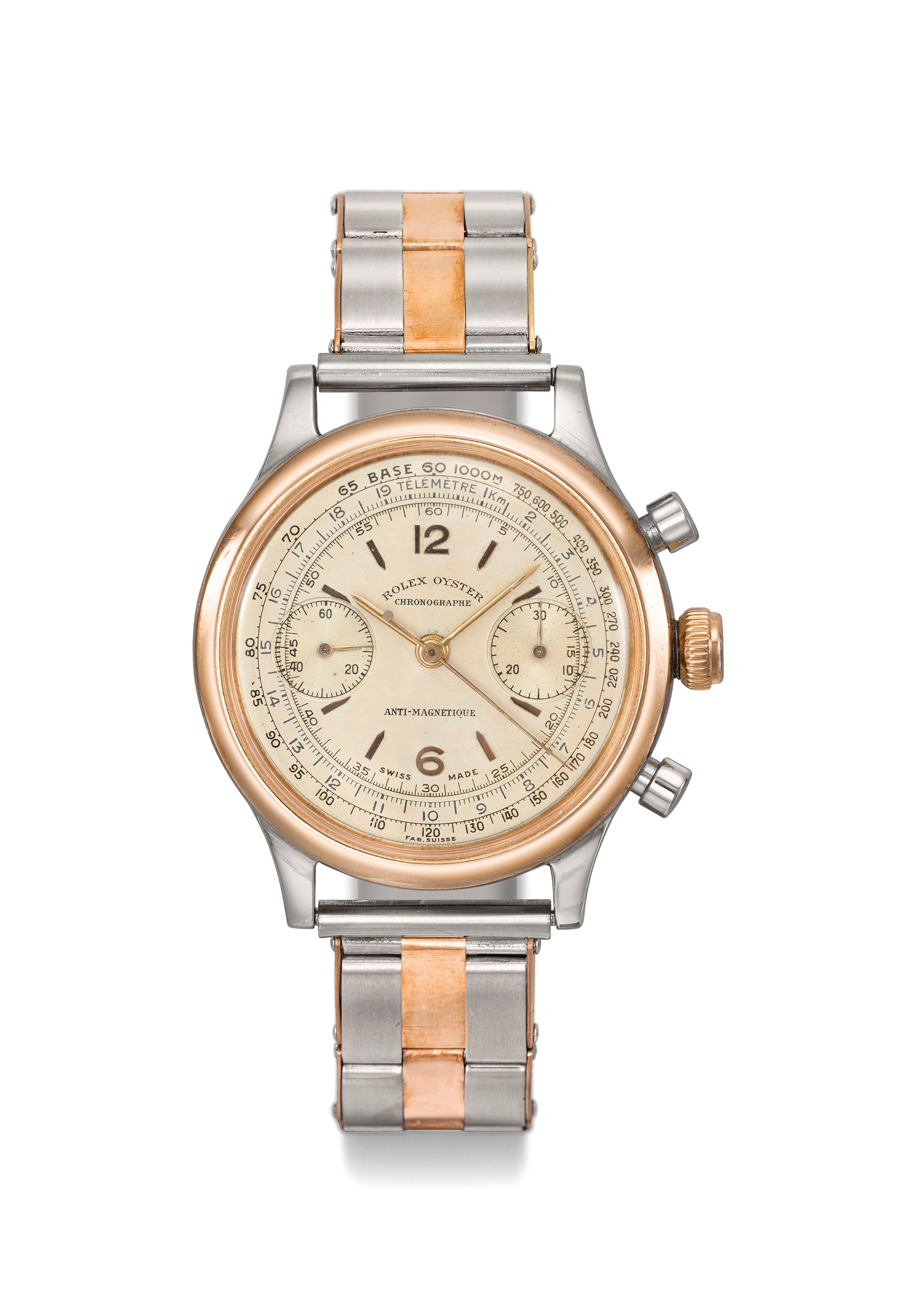Rolex. An extremely rare and highly attractive stainless steel and pink gold chronograph wristwatch with bracelet