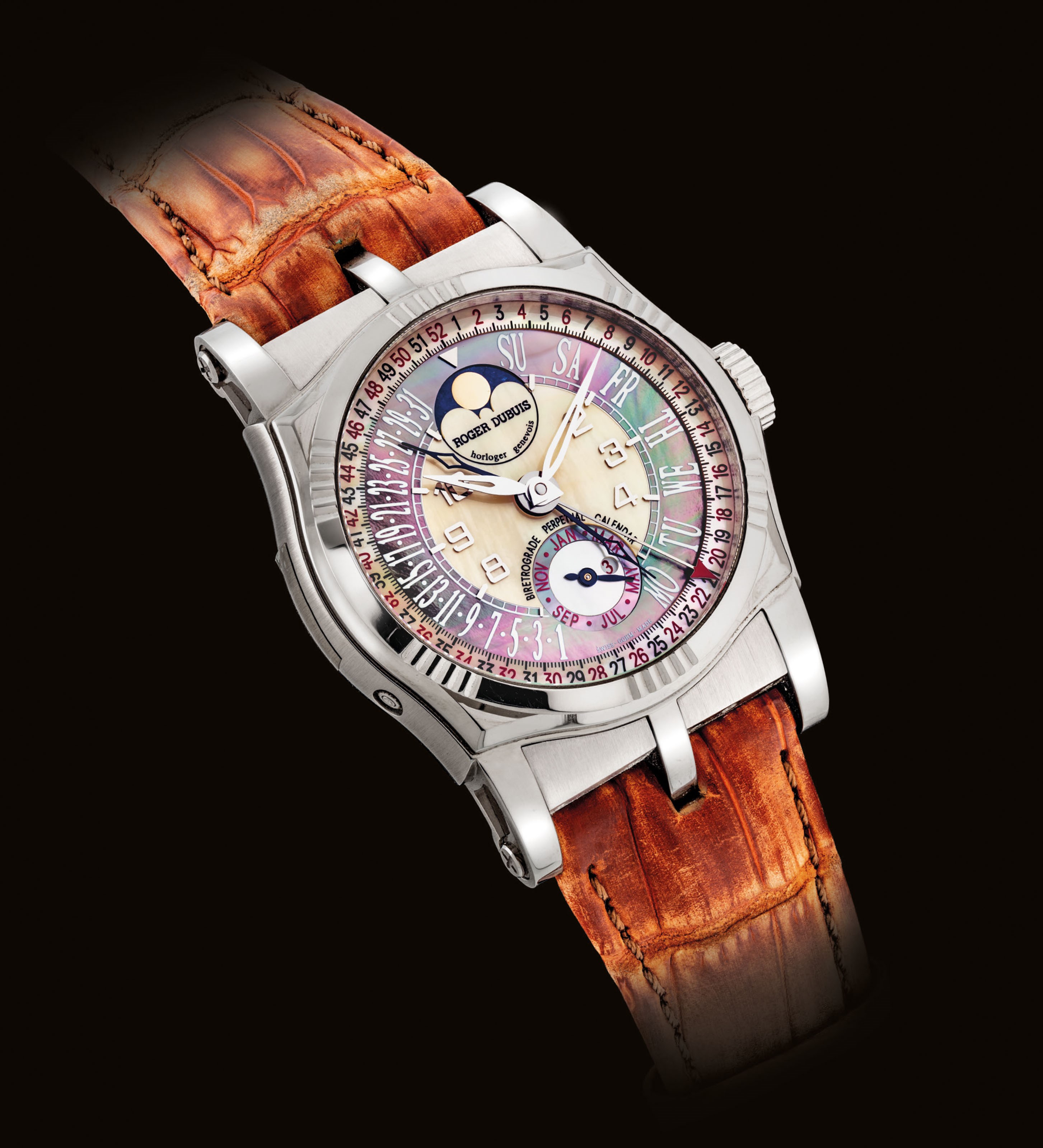ROGER DUBUIS. A FINE AND RARE 18K WHITE GOLD LIMITED EDITION SQUARE-SHAPED AUTOMATIC BIRETROGRADE PERPETUAL CALENDAR WRISTWATCH WITH MOON PHASES, LEAP YEAR INDICATION AND MOTHER-OF-PEARL DIAL