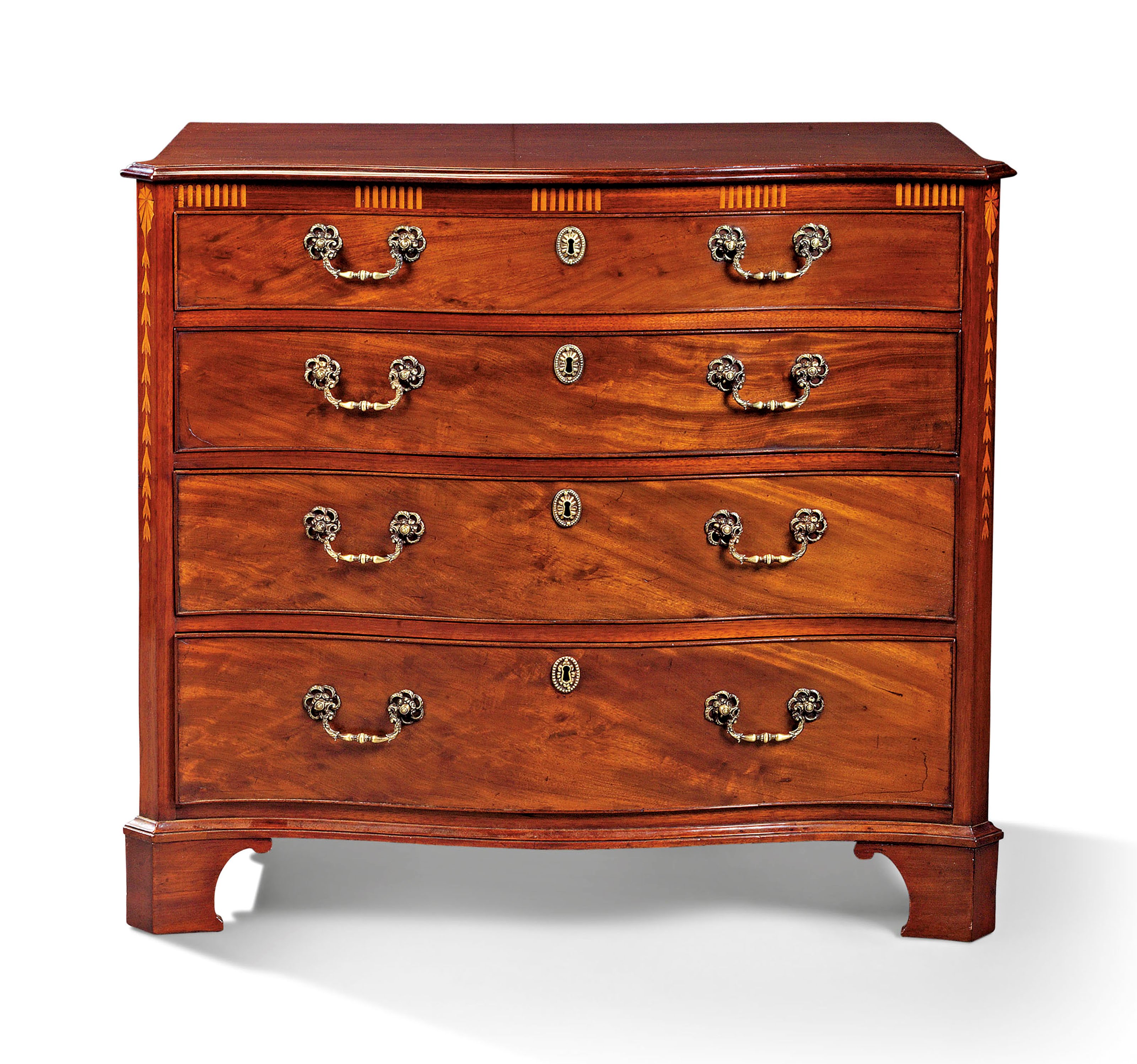 A GEORGE III MAHOGANY AND SYCAMORE-INLAID SERPENTINE CHEST