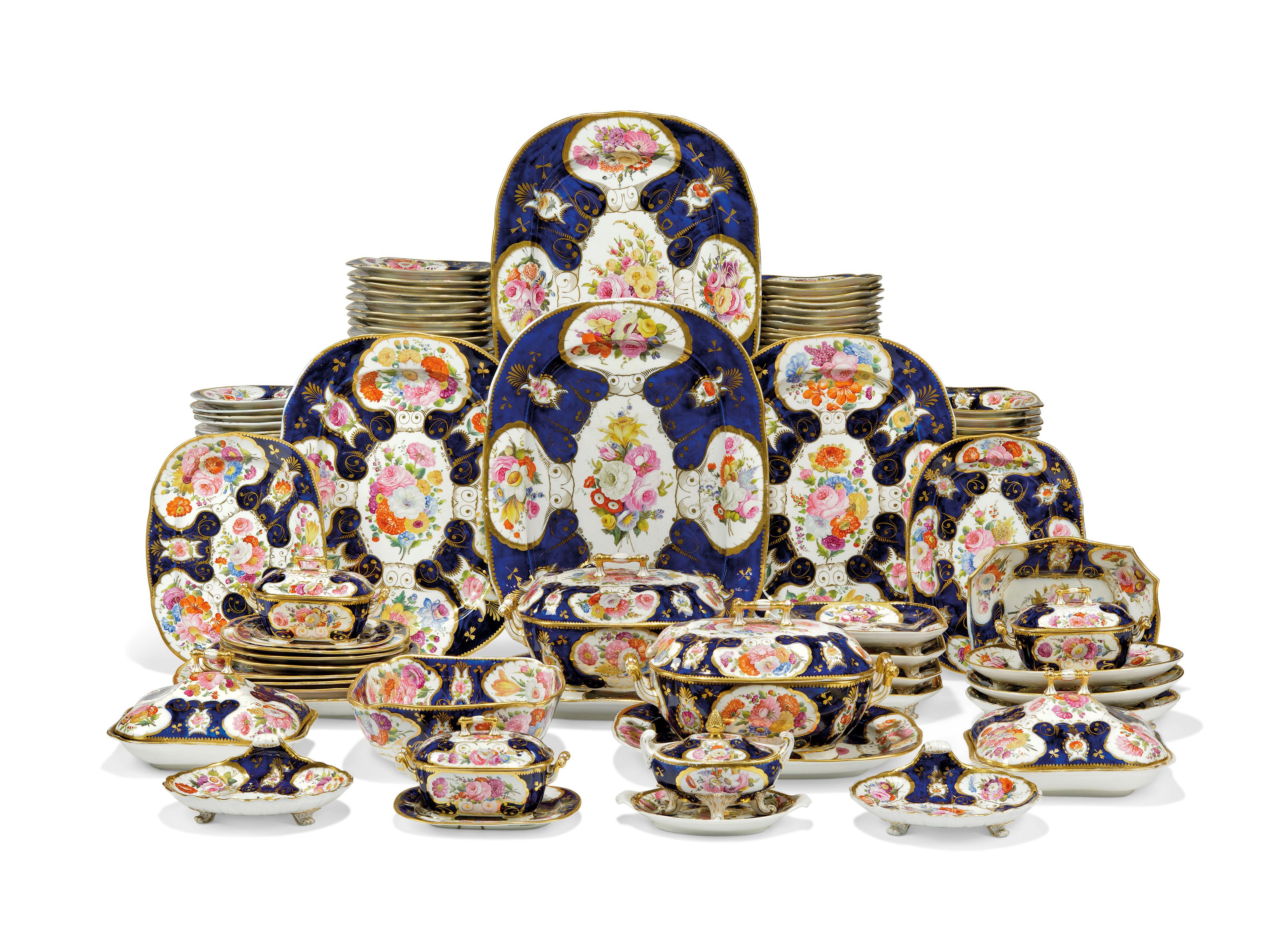 AN EXTENSIVE ENGLISH PORCELAIN BLUE-GROUND PART TABLE-SERVICE
