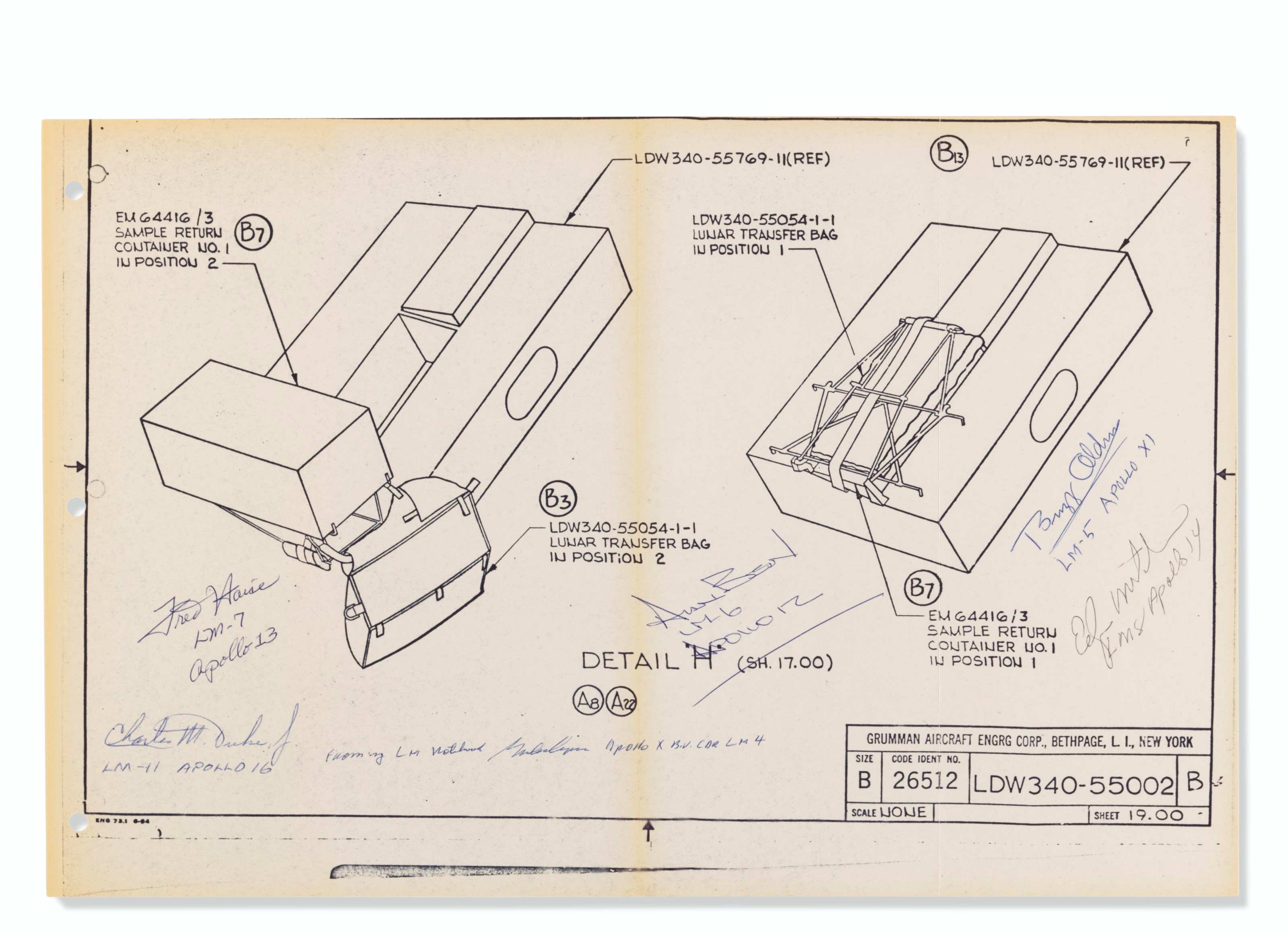 LUNAR SAMPLE RETURN CONTAINER – LDW340-55002. Bethpage, NY: Grumman Aircraft Engineering Corp., n.d.