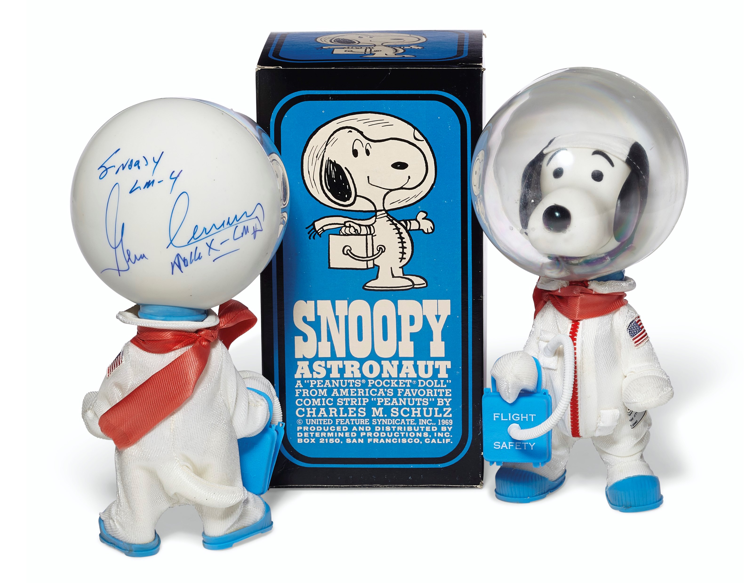 APOLLO 10 MASCOT – Snoopy Astronaut dolls signed. China: Determined Distributions of San Francisco for United Feature Syndicate, 1969.