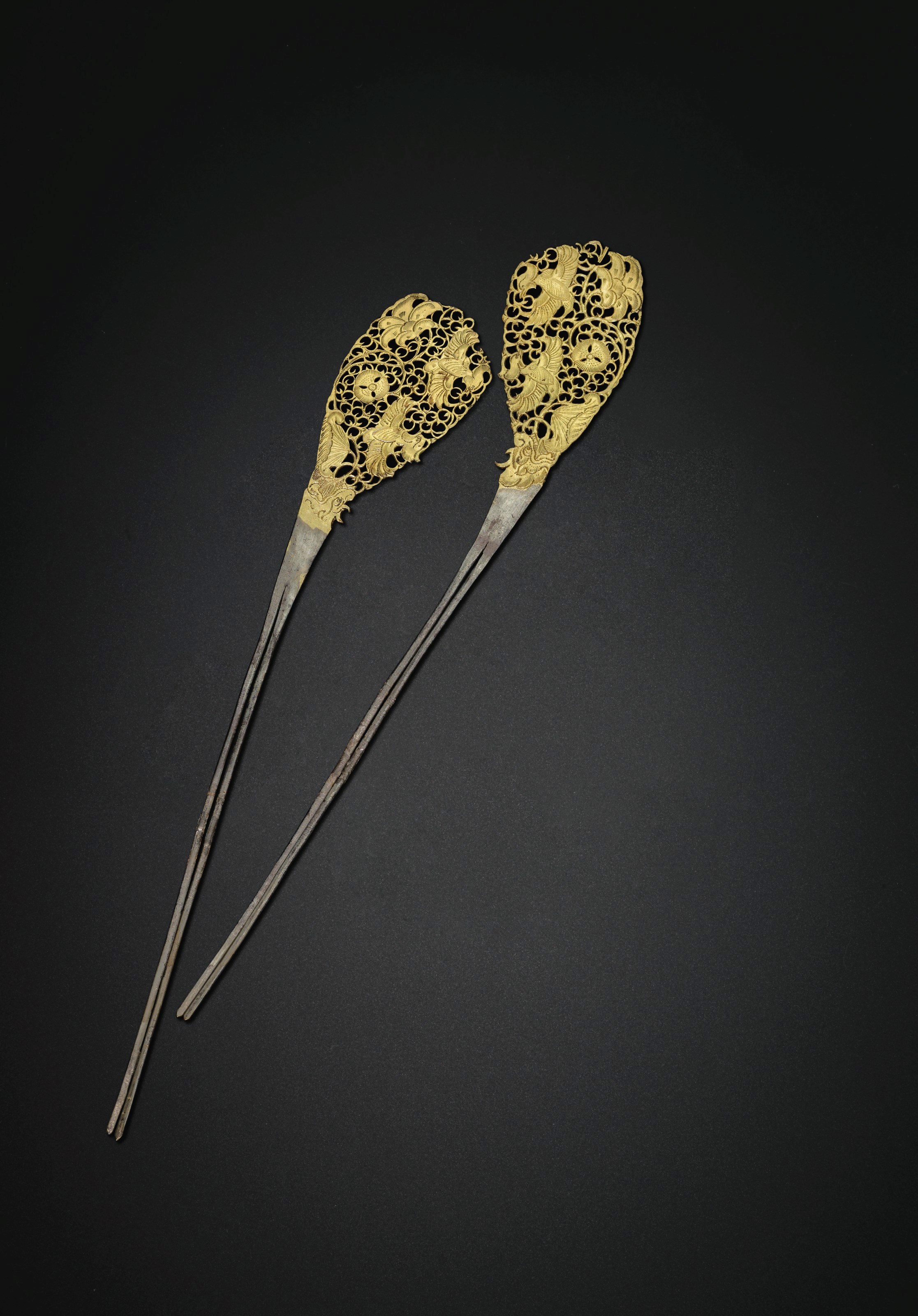 A RARE PAIR OF PARCEL-GILT SILVER HAIRPINS