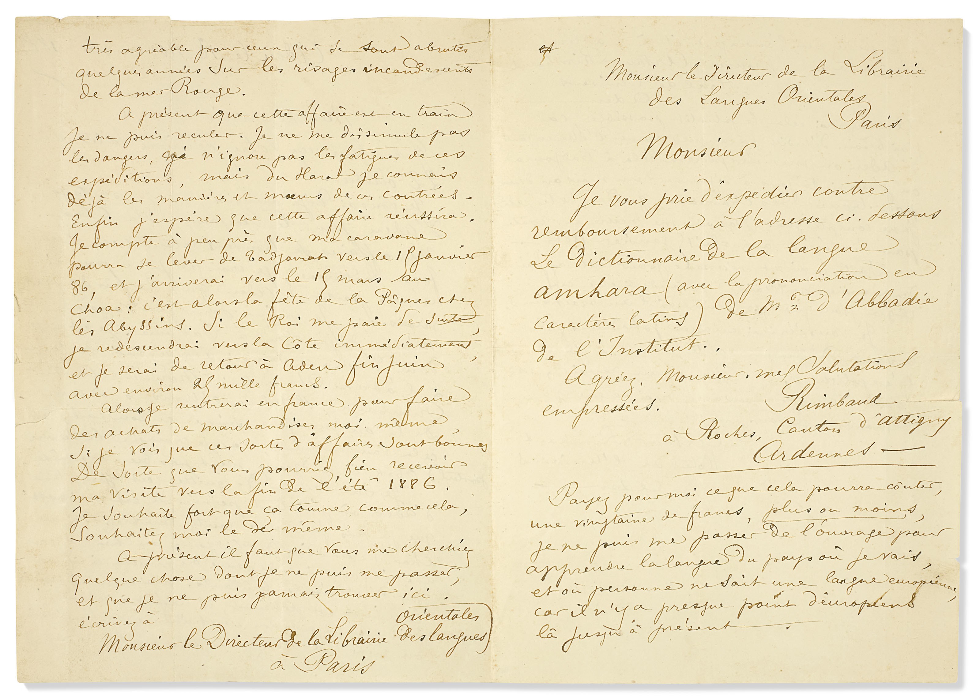 RIMBAUD, Arthur (1854-1891). Lettre autographe signée à sa famille. Aden, Hôtel de l'Univers, le 18 novembre 1885.