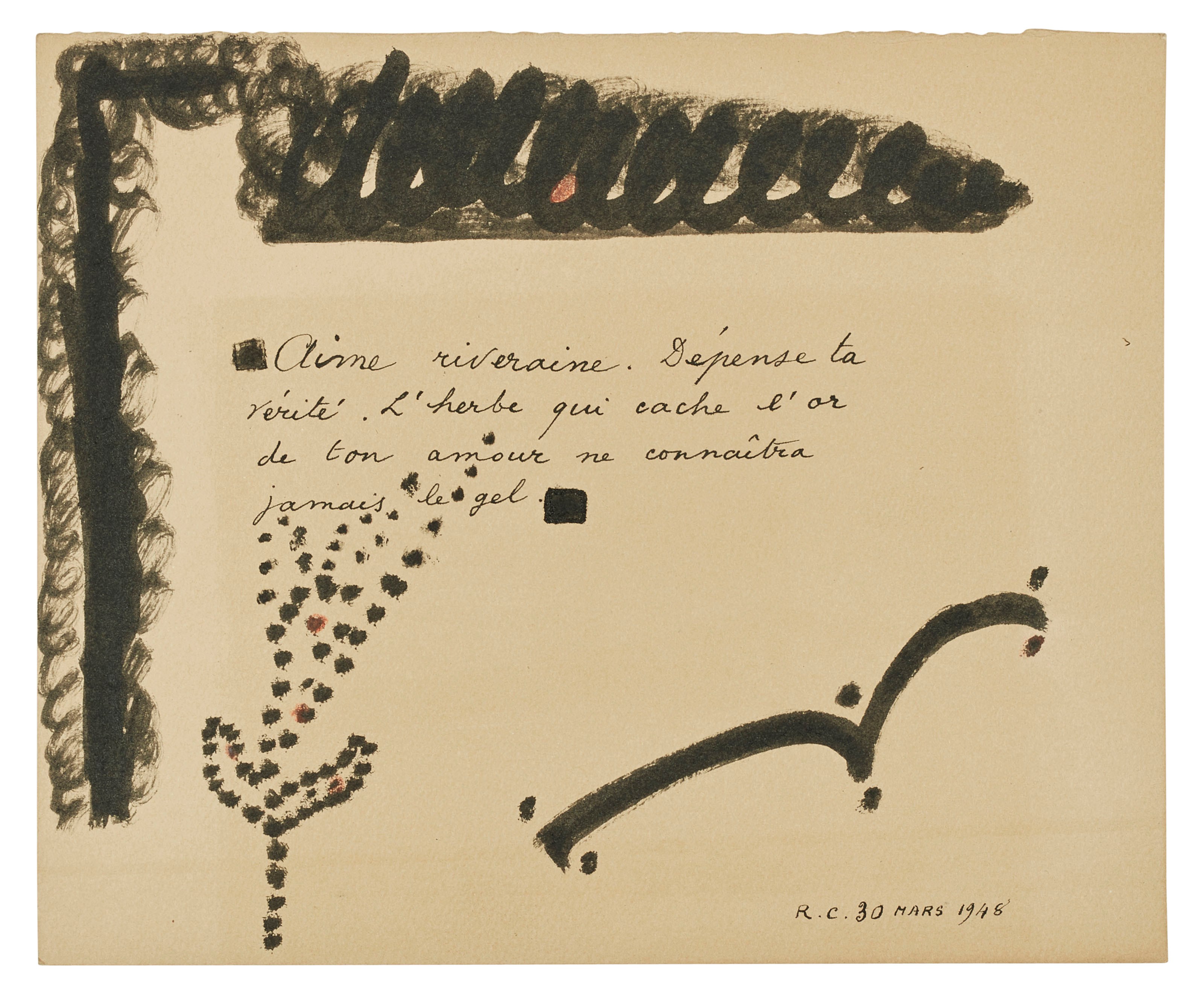 CHAR, René (1907-1988). Poème autographe signé et aquarellé. S.l., 30 mars 1948.