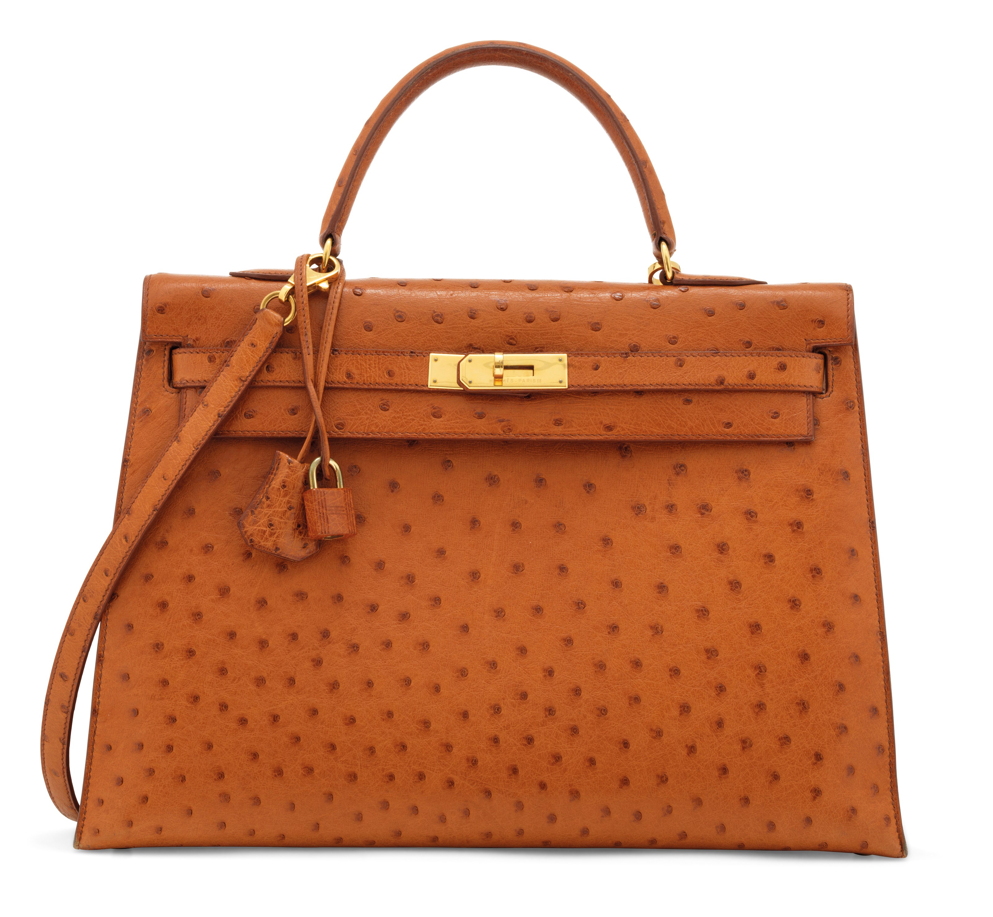 A COGNAC OSTRICH SELLIER KELLY 35 WITH GOLD HARDWARE