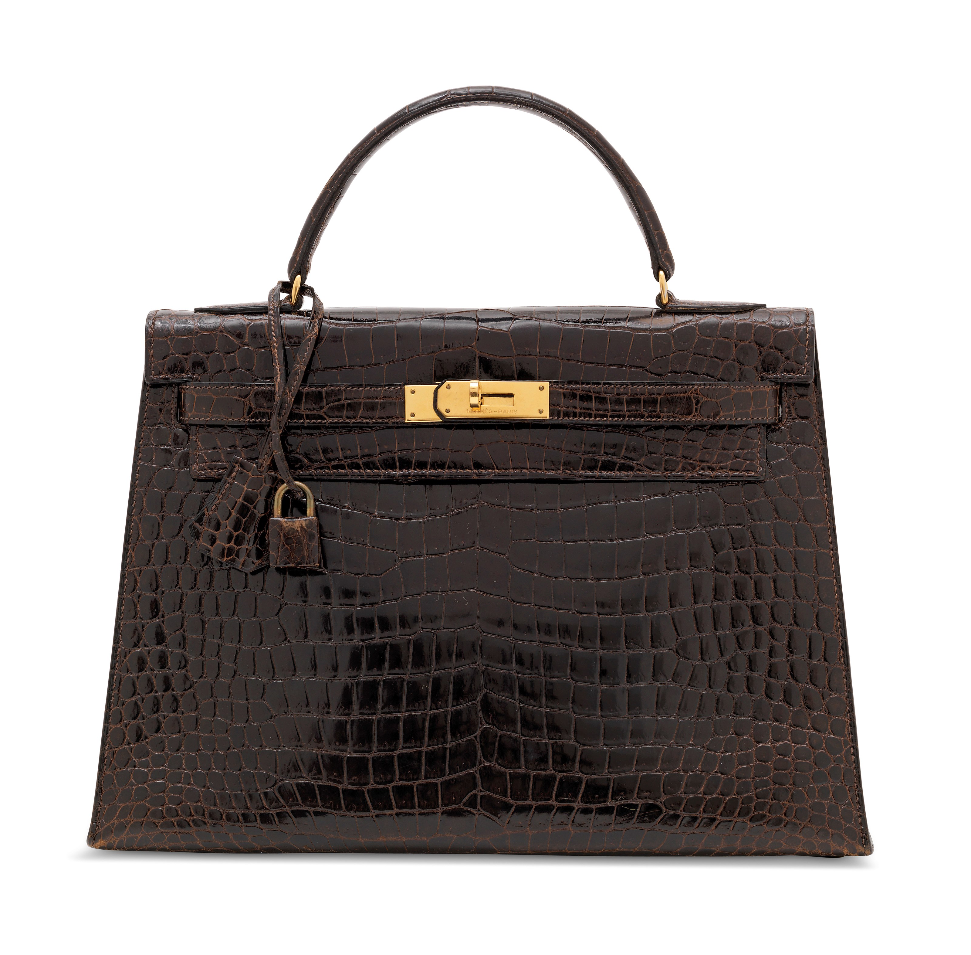 A SHINY MARRON FONCÉ POROSUS CROCODILE SELLIER KELLY 32 WITH GOLD HARDWARE