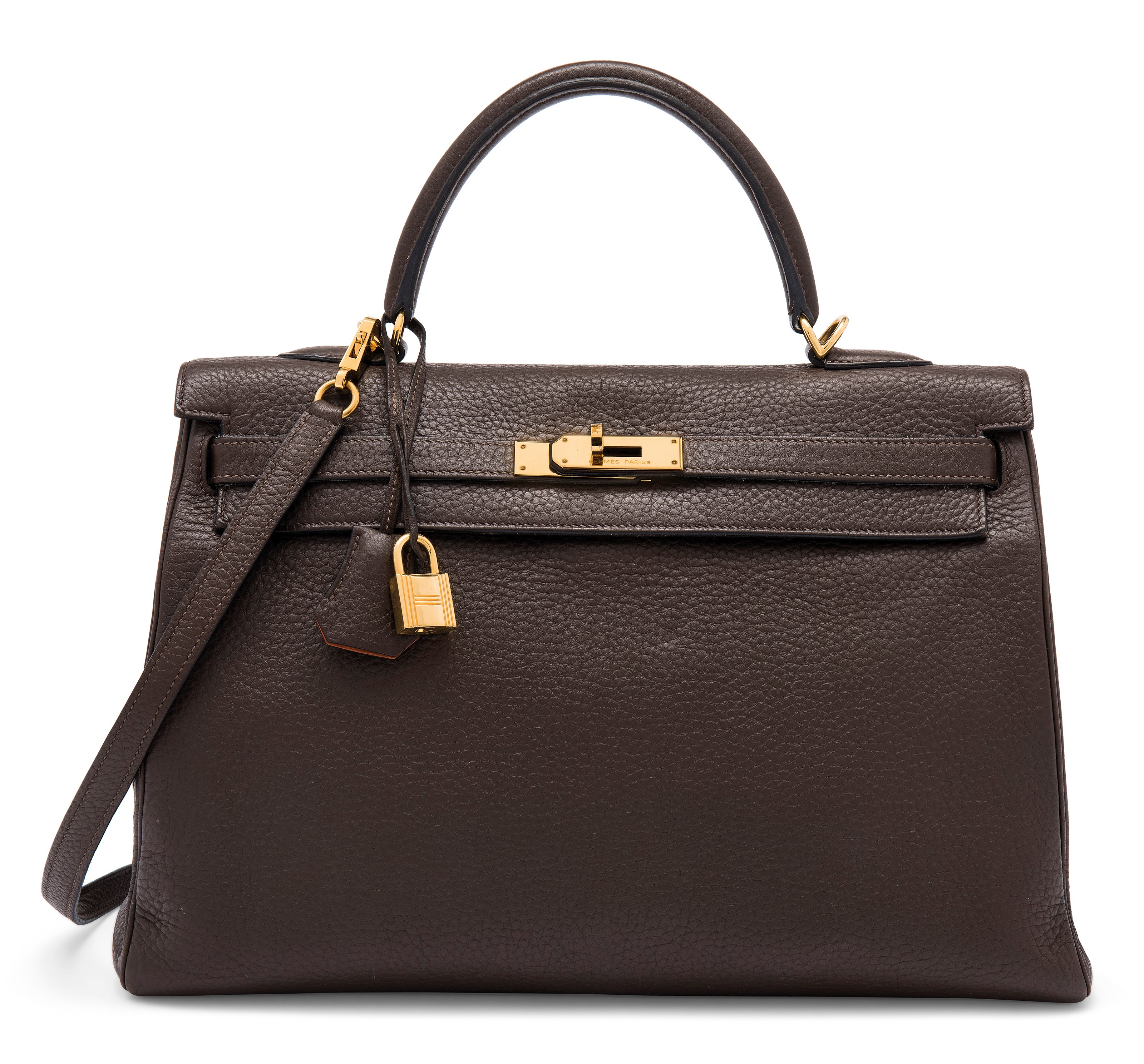 A MARRON FONCÉ & POTIRON CLÉMENCE LEATHER RETOURNÉ KELLY 35 WITH GOLD HARDWARE