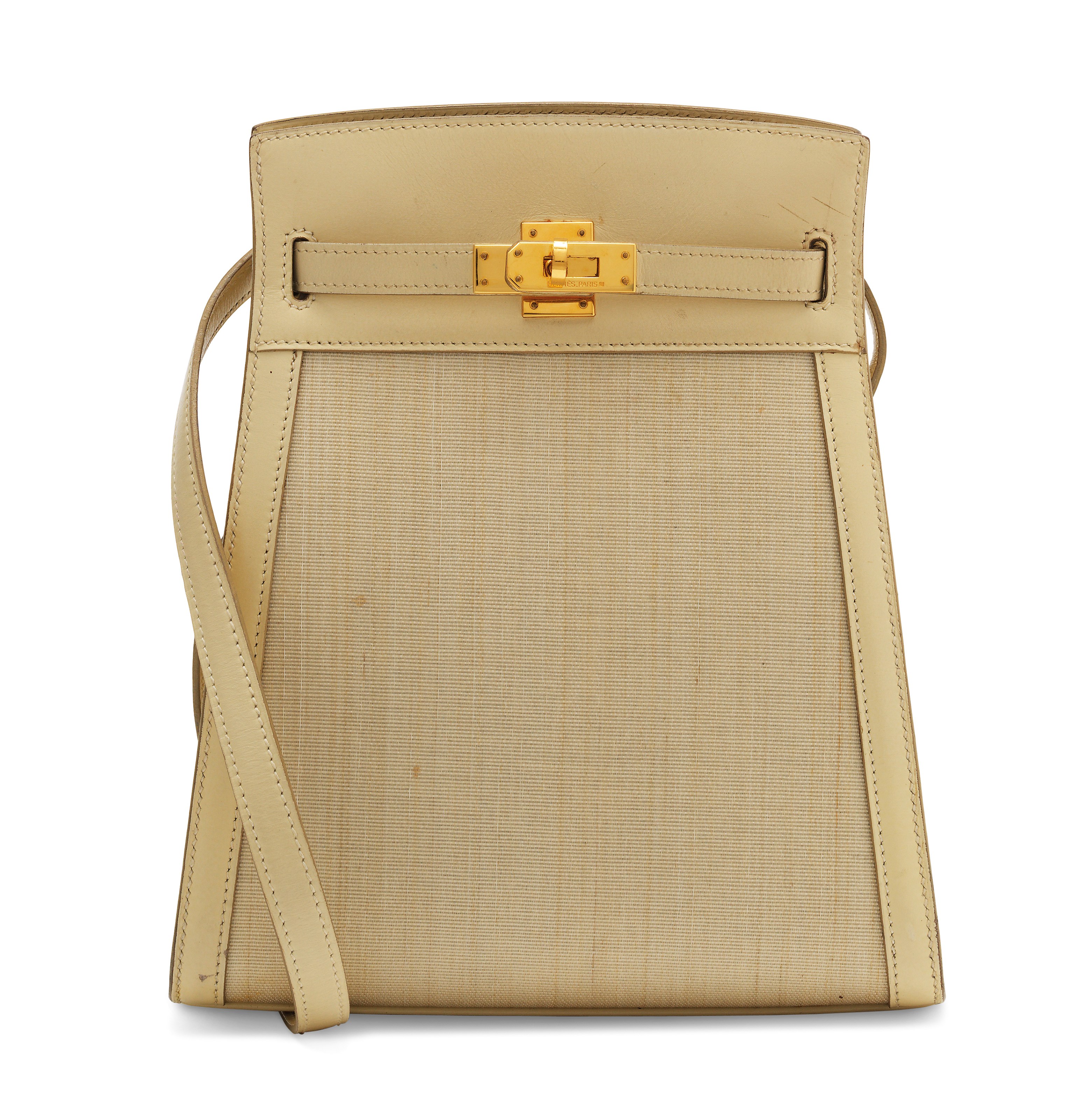 A BEIGE CALF BOX LEATHER & CRINOLINE KELLY SPORT 20 WITH GOLD HARDWARE