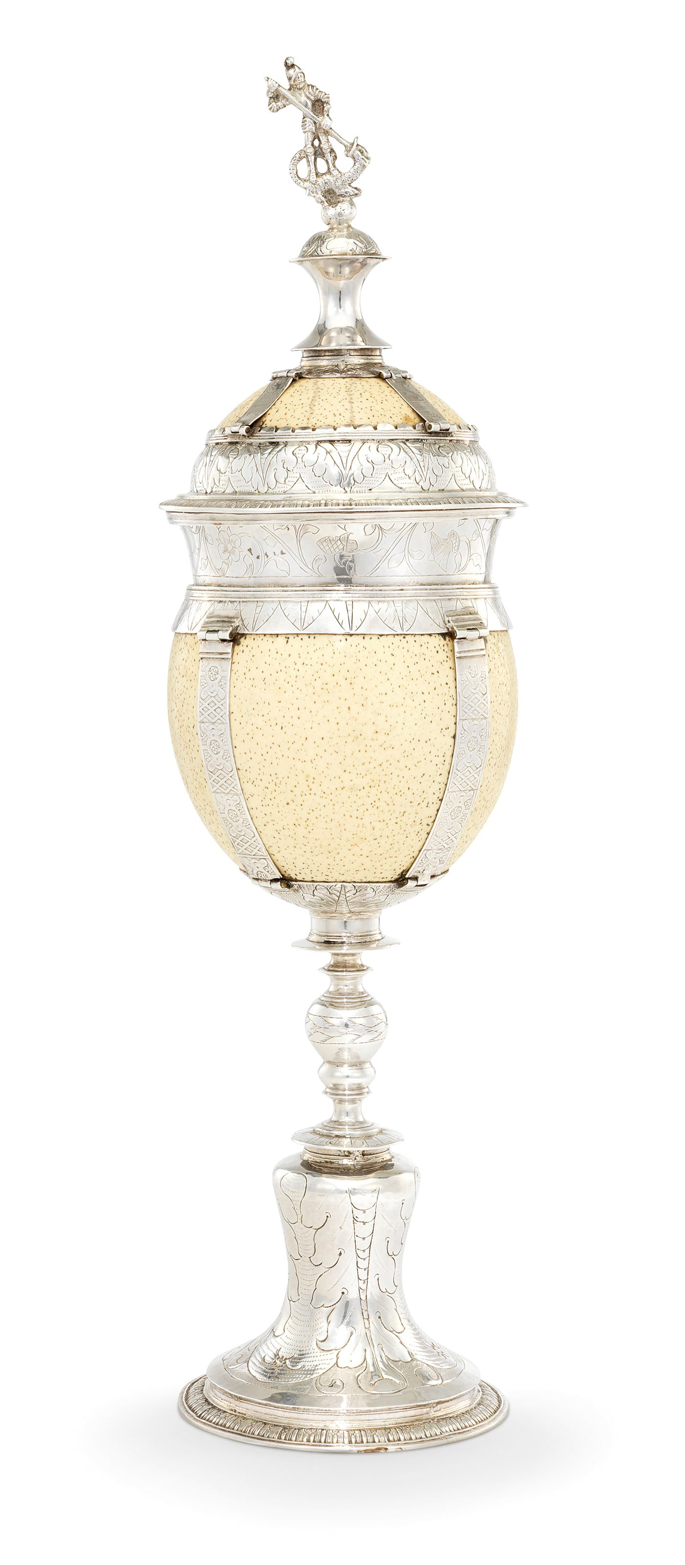 A JAMES I SILVER-MOUNTED OSTRICH EGG STANDING CUP AND COVER
