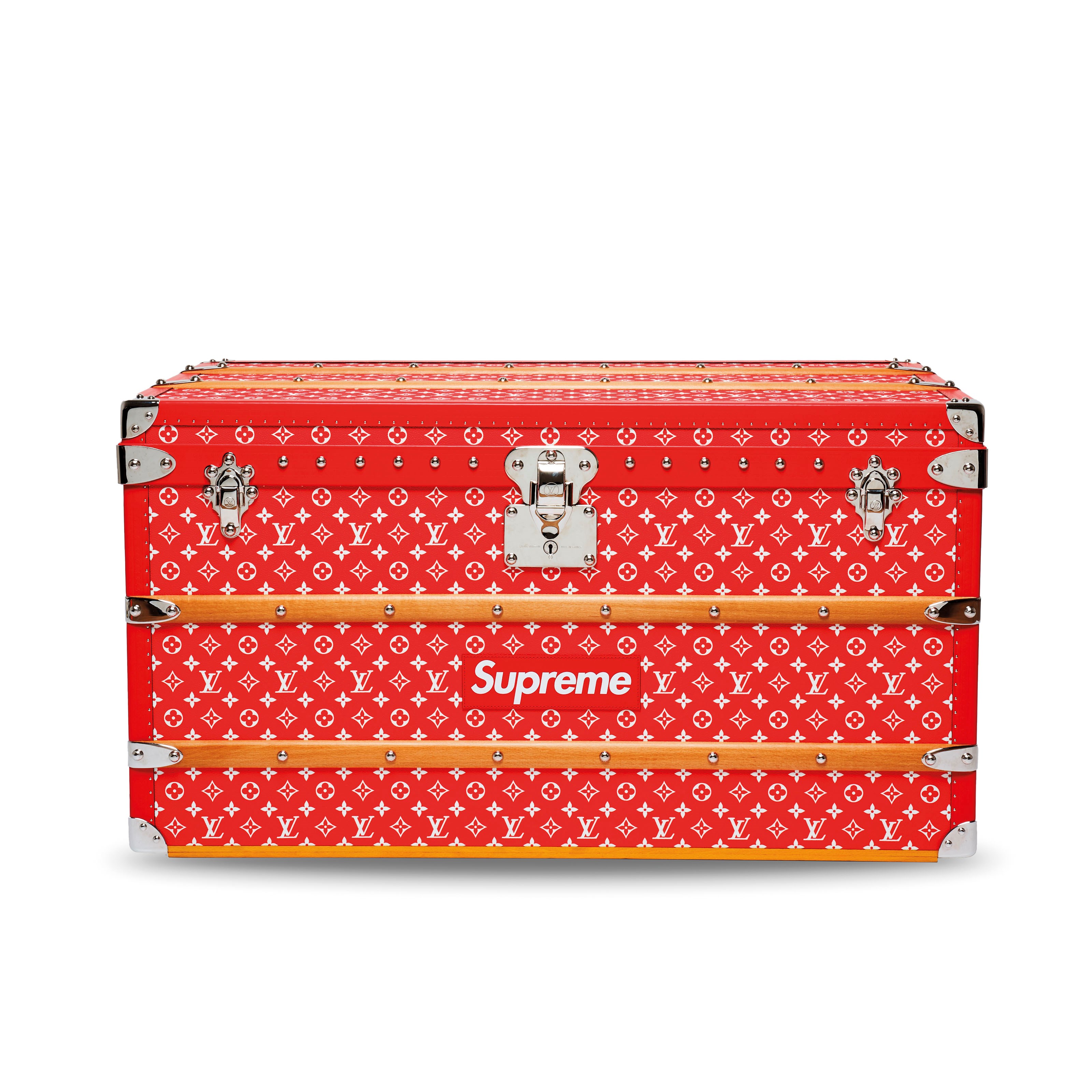 A LIMITED EDITION RED & WHITE MONOGRAM MALLE COURRIER 90 TRUNK WITH SILVER HARDWARE BY SUPREME