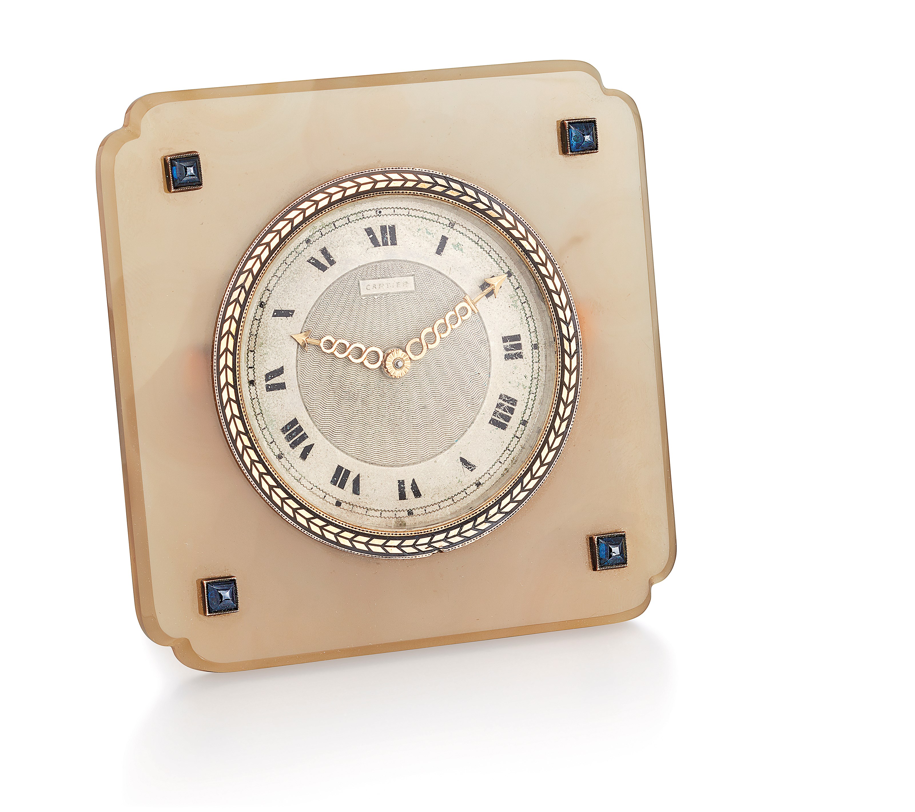 ART DÉCO AGATE AND SAPPHIRE DESK CLOCK, CARTIER
