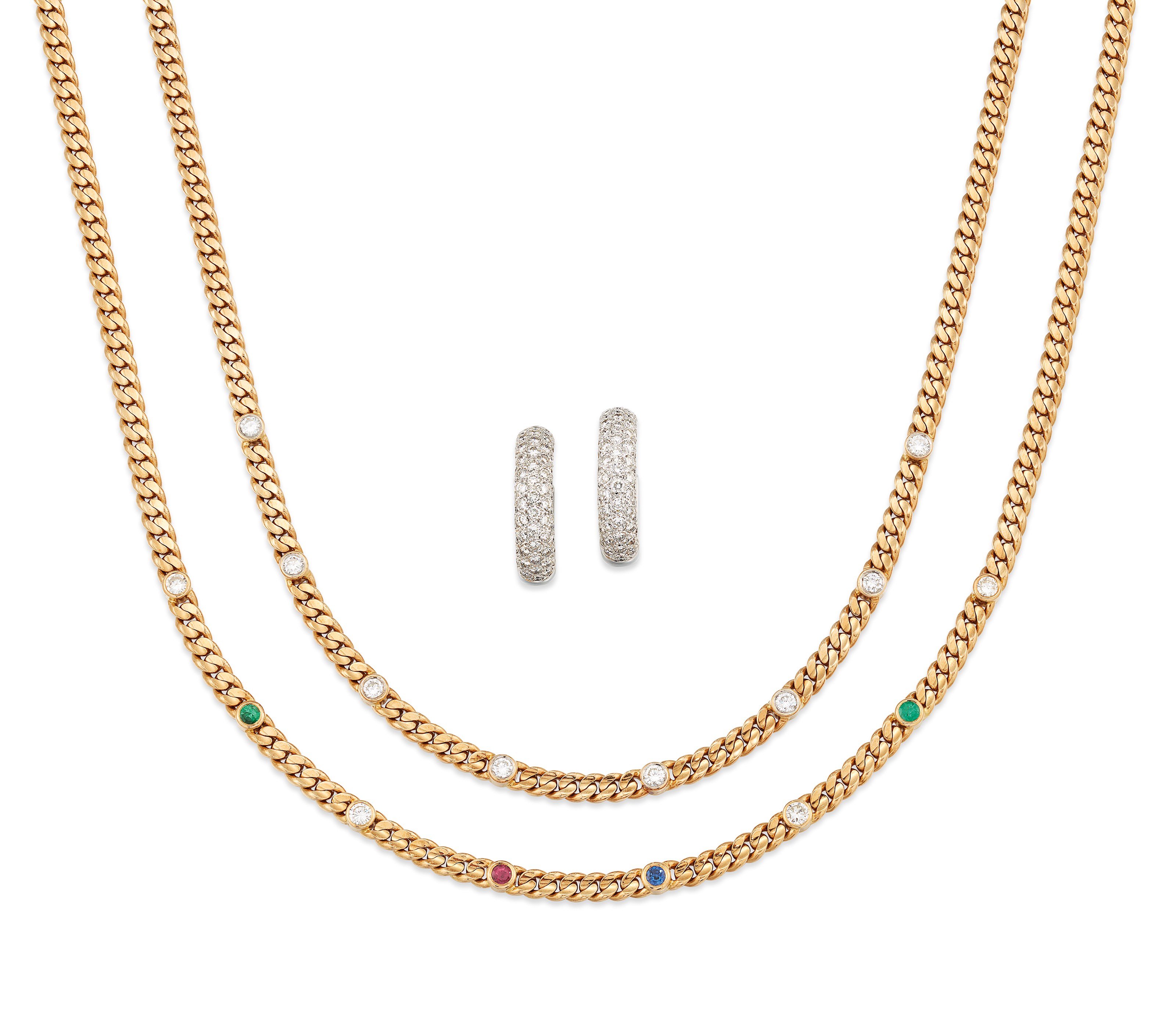 DIAMOND EARRINGS AND TWO GEM-SET NECKLACES