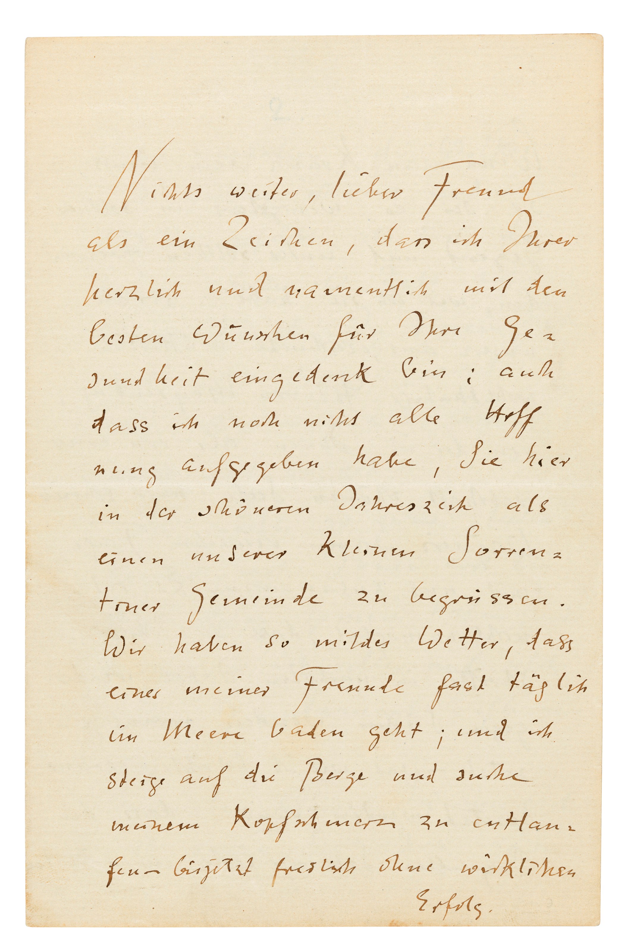 NIETZSCHE, Friedrich (1844-1900). Autograph letter signed (‘Dr Friedrich Nietzsche’) to [Reinhart von Seydlitz], Villa Rubinacci, Sorrento, 16 December 1876.