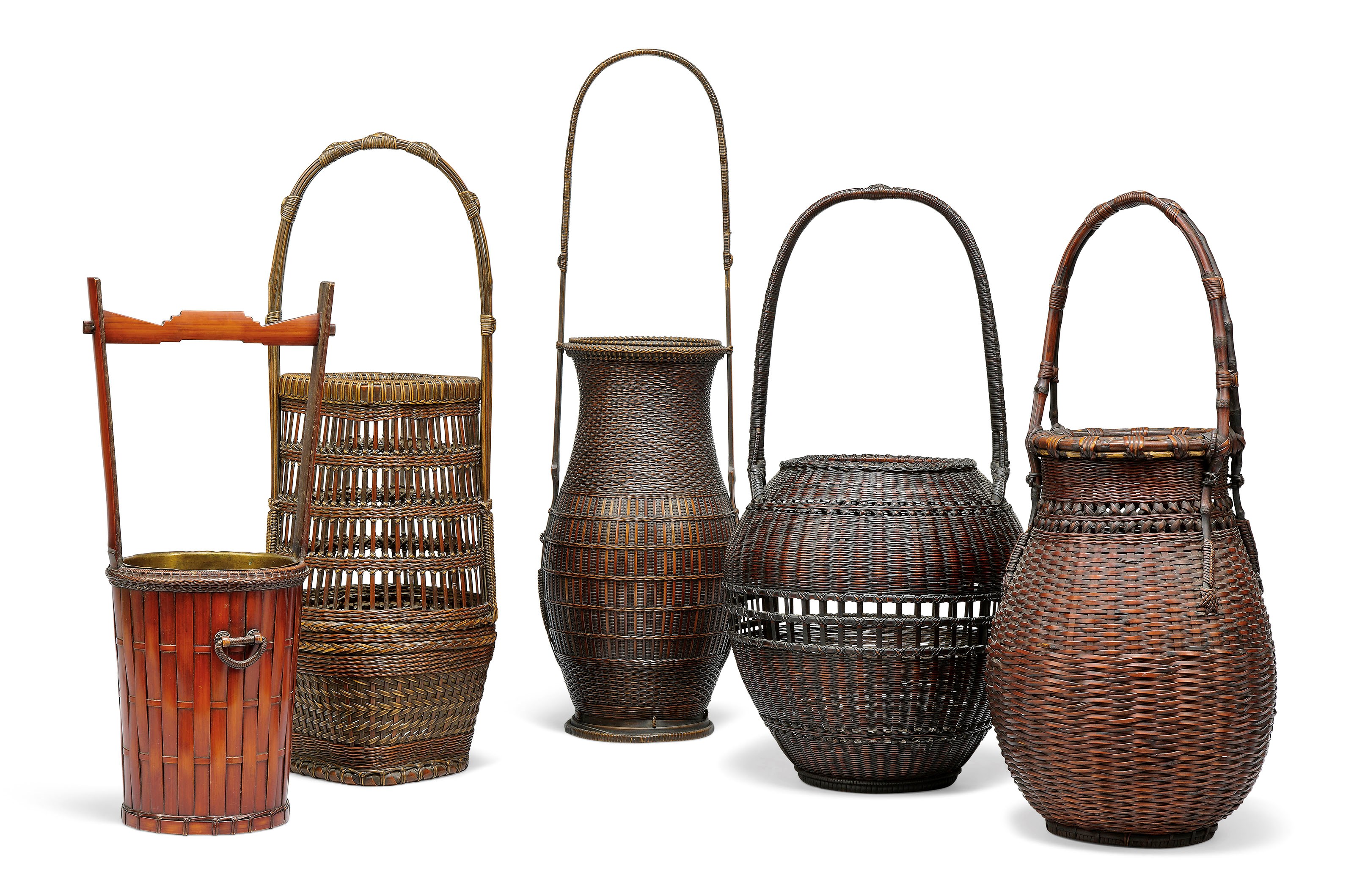 FIVE JAPANESE BAMBOO BASKETS FOR FLOWER ARRANGEMENT