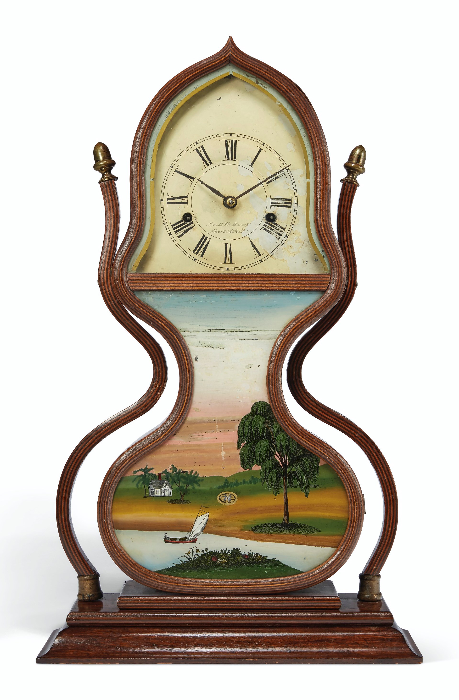 A LATE FEDERAL LAMINATED ROSEWOOD AND EGLOMISE ACORN SHELF CLOCK