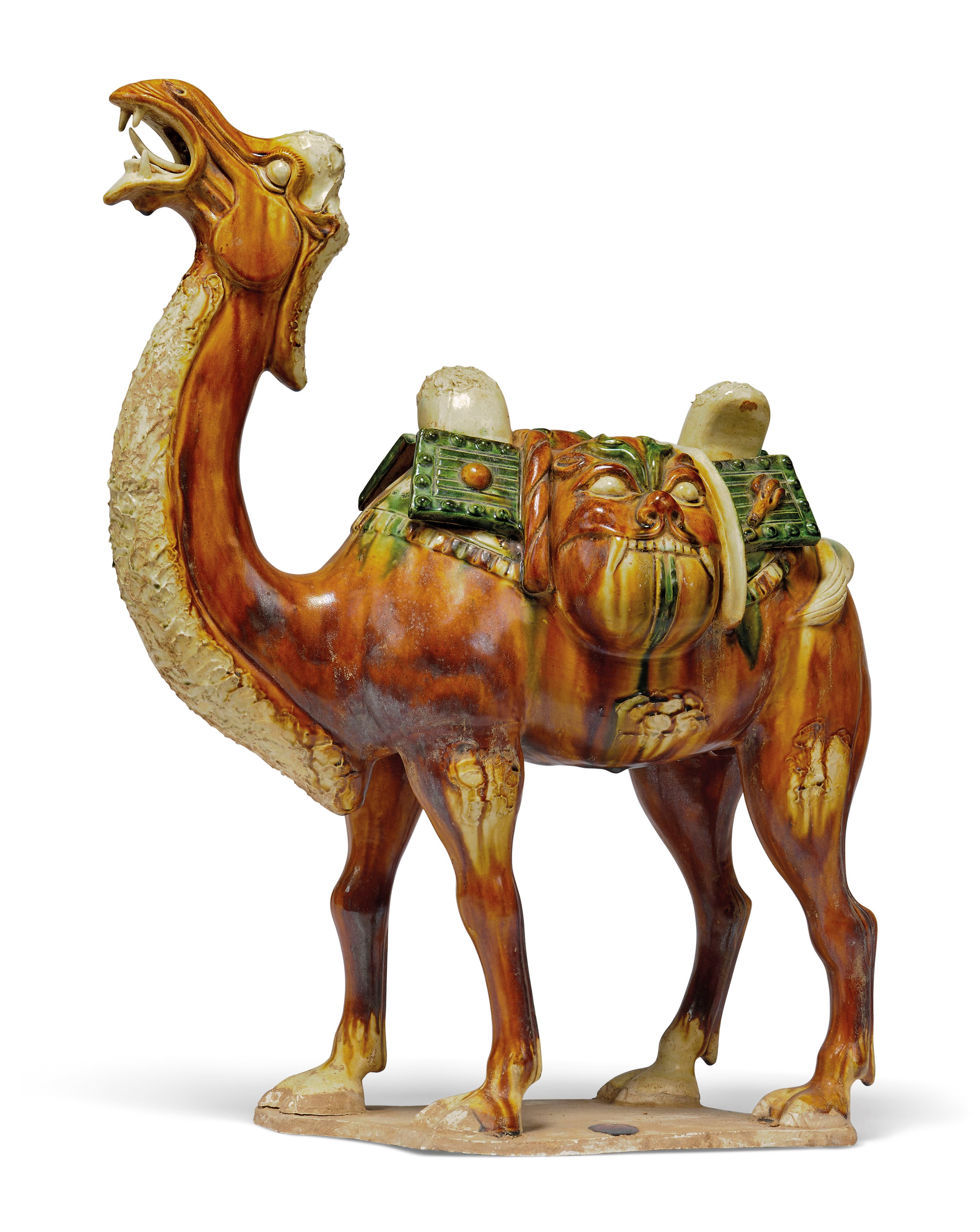 A LARGE CHINESE TANG-STYLE SANCAI-GLAZED POTTERY MODEL OF A BACTRIAN CAMEL