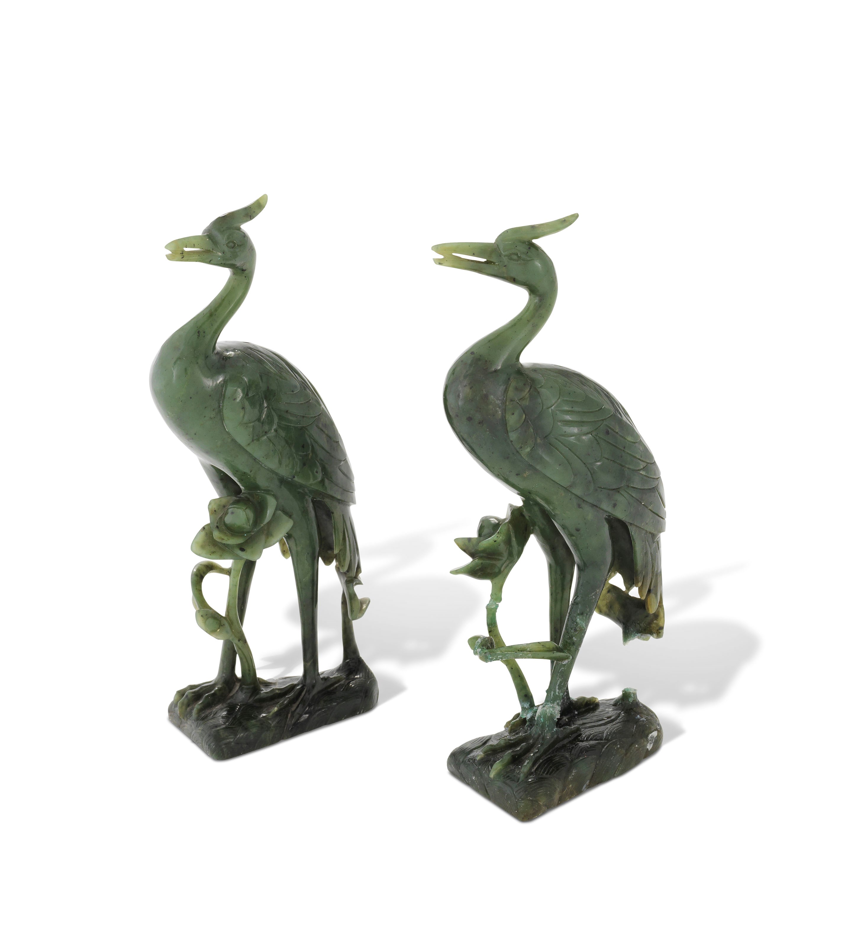 A PAIR OF CHINESE SPINACH-GREEN JADE CRANES