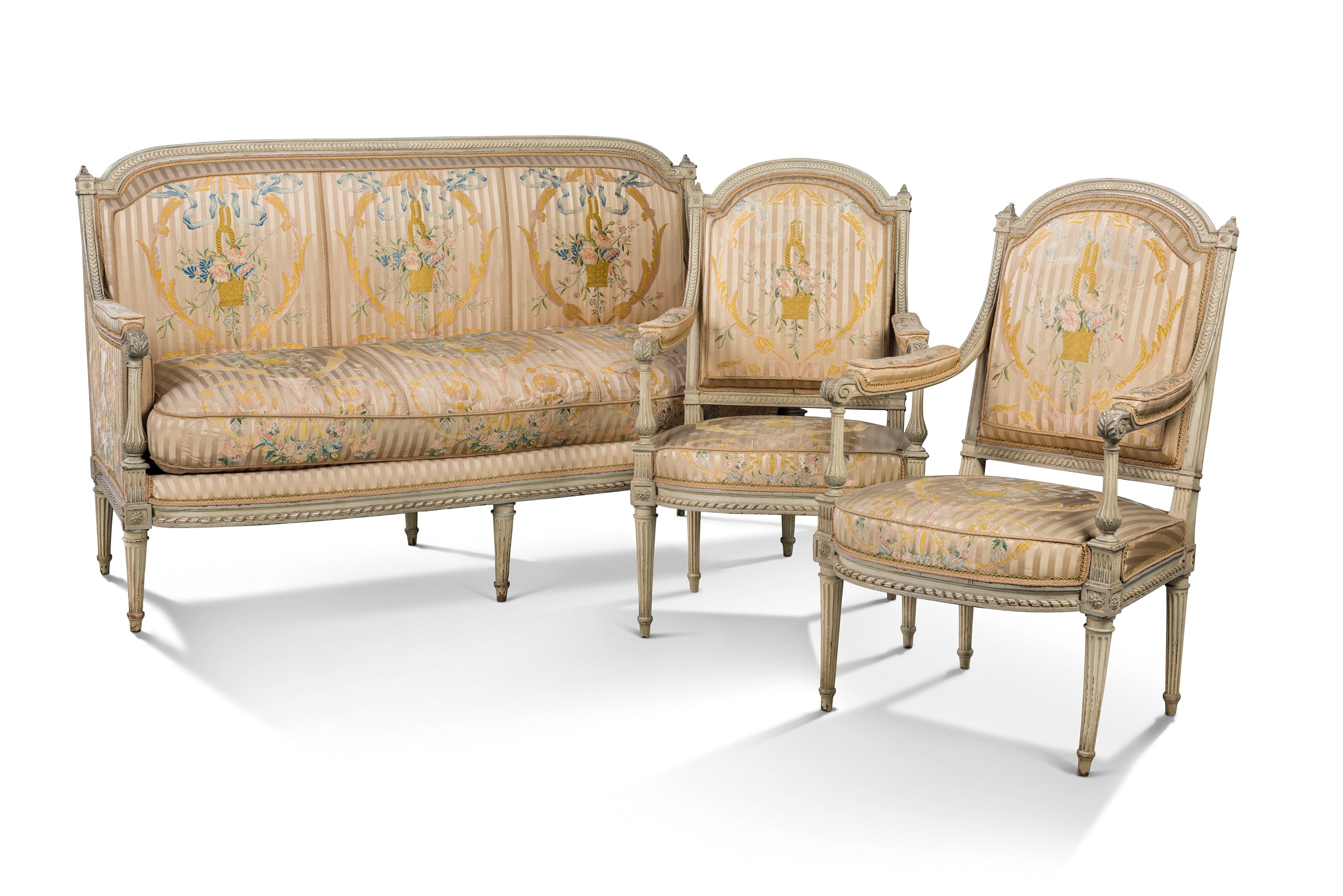 A LOUIS XVI GREY-PAINTED CANAPE AND A PAIR OF FAUTEUILS