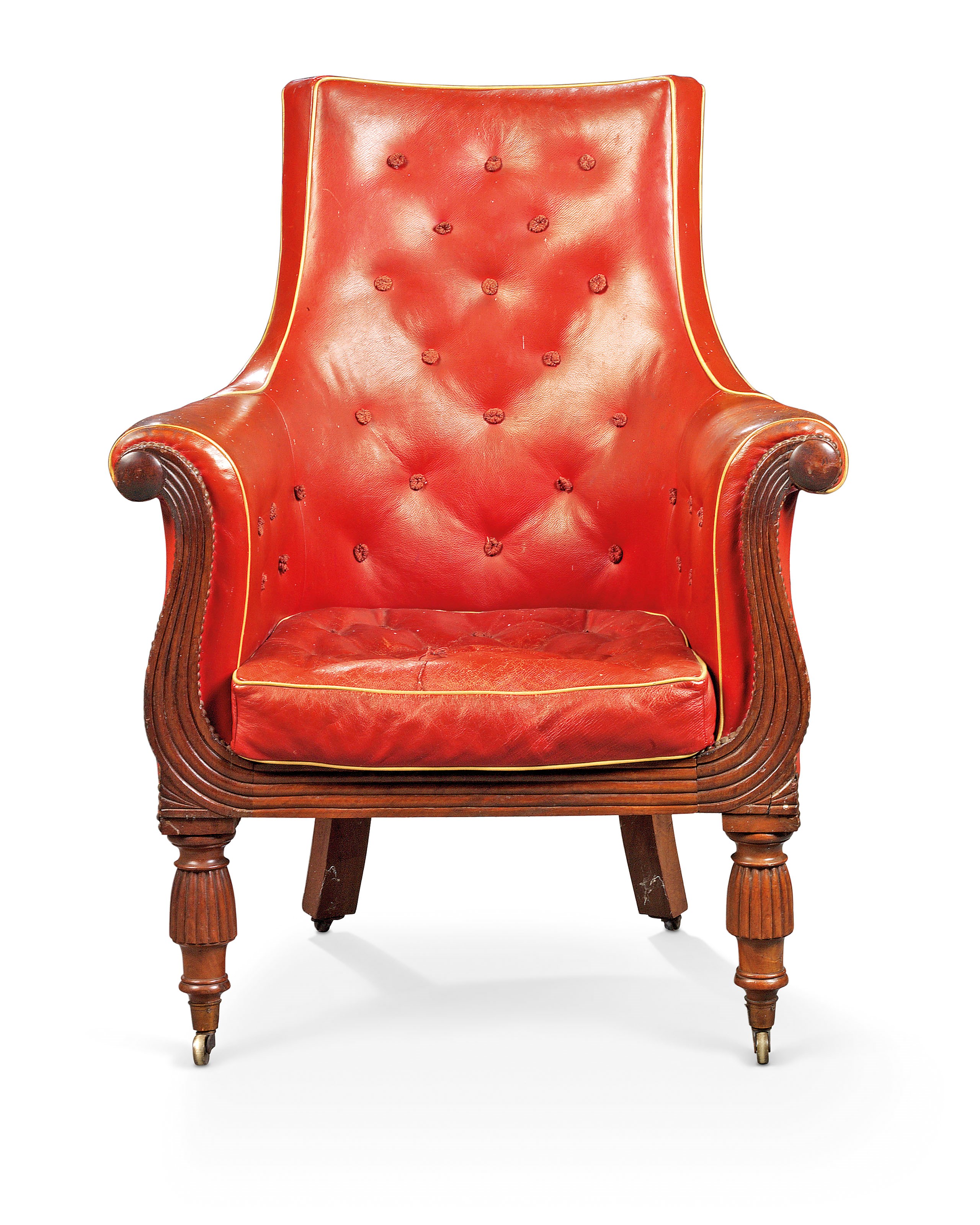 A WILLIAM IV MAHOGANY AND RE-UPHOLSTERED BERGERE