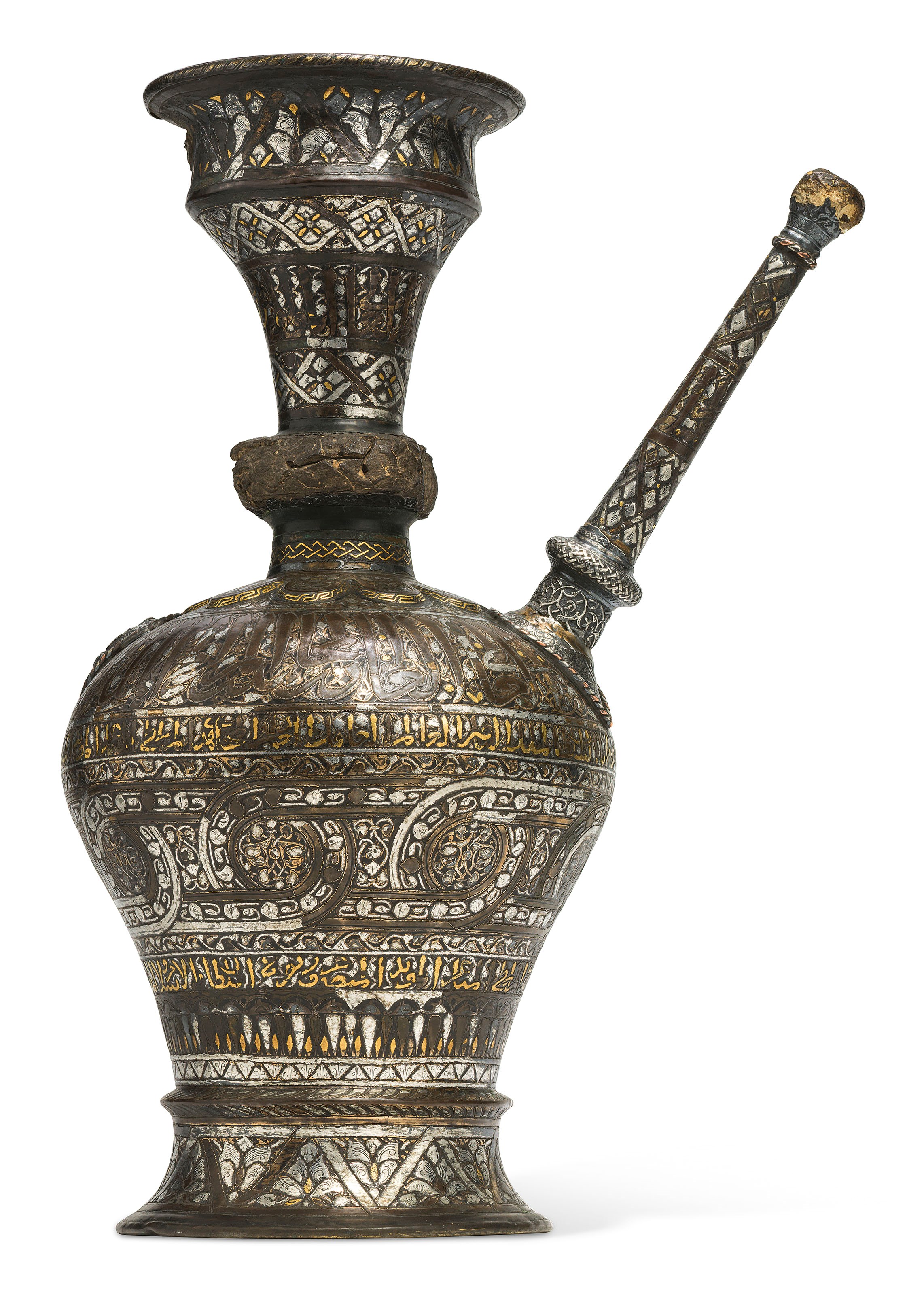 A MAMLUK SILVER, GOLD AND BLACK COMPOSITION INLAID BRASS EWER