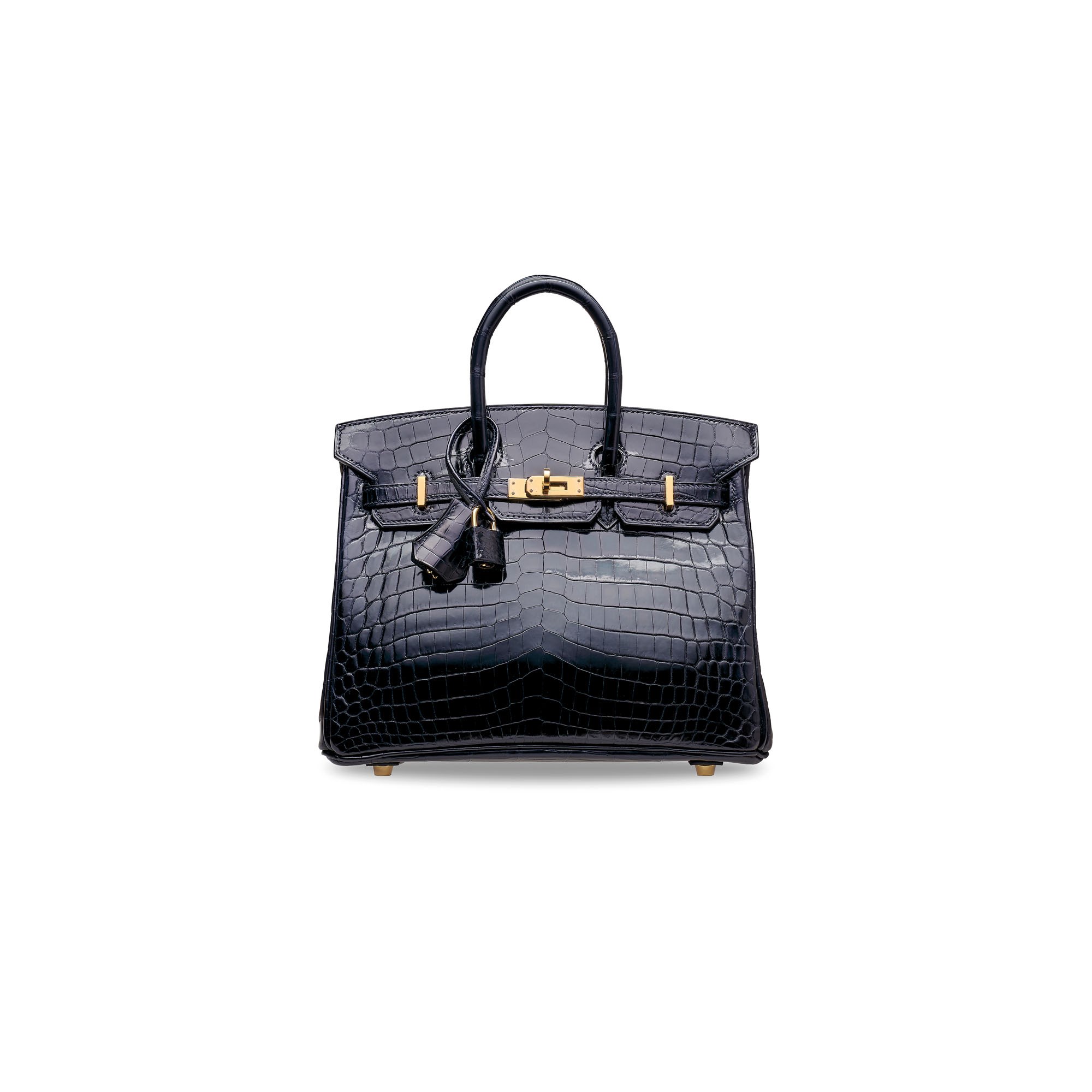 A SHINY BLEU MARINE NILOTICUS CROCODILE BIRKIN 25 WITH GOLD HARDWARE