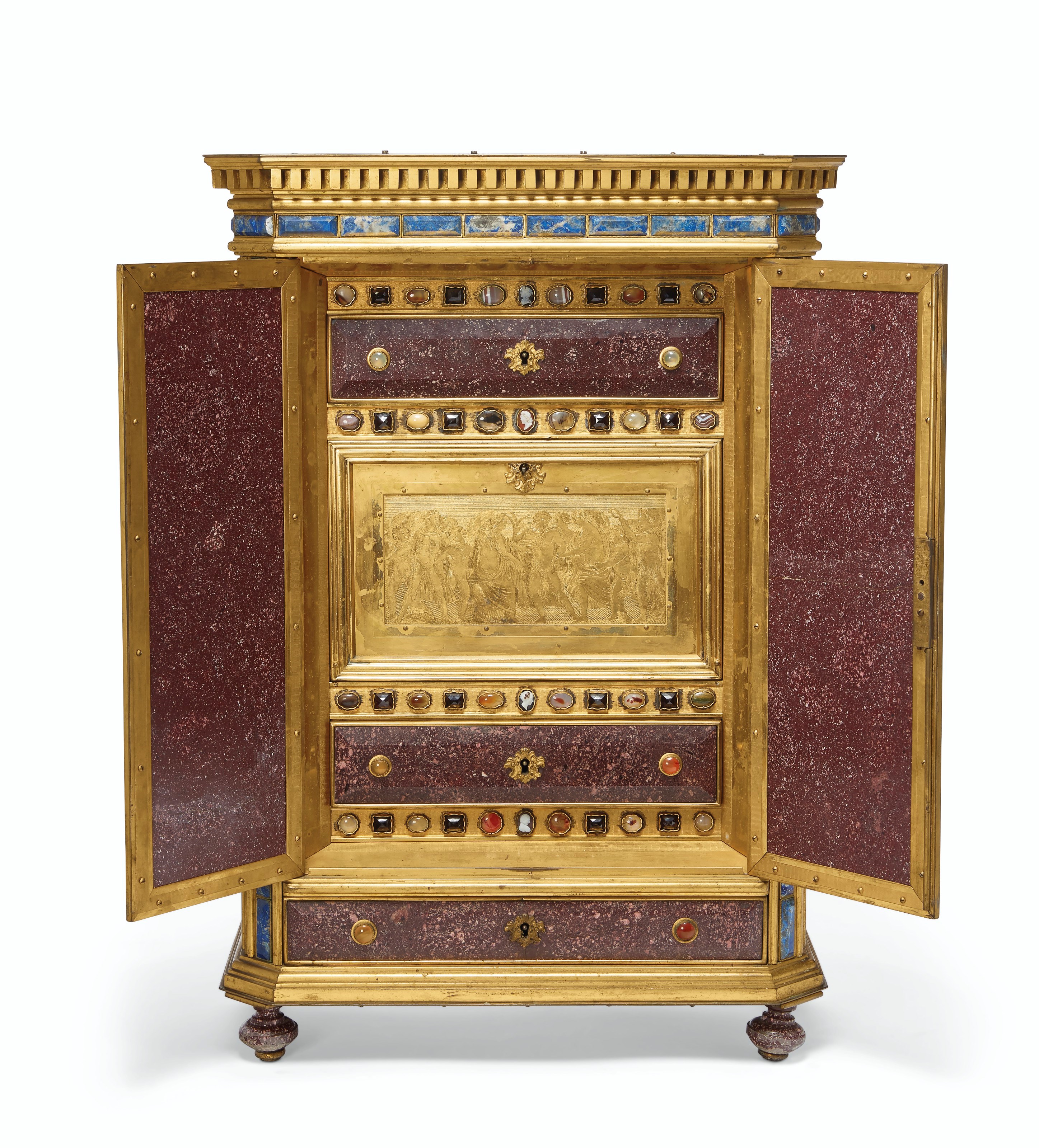 AN ITALIAN GILT-BRONZE, PORPHYRY, LAPIS LAZULI AND HARDSTONE-MOUNTED COLLECTOR'S CABINET