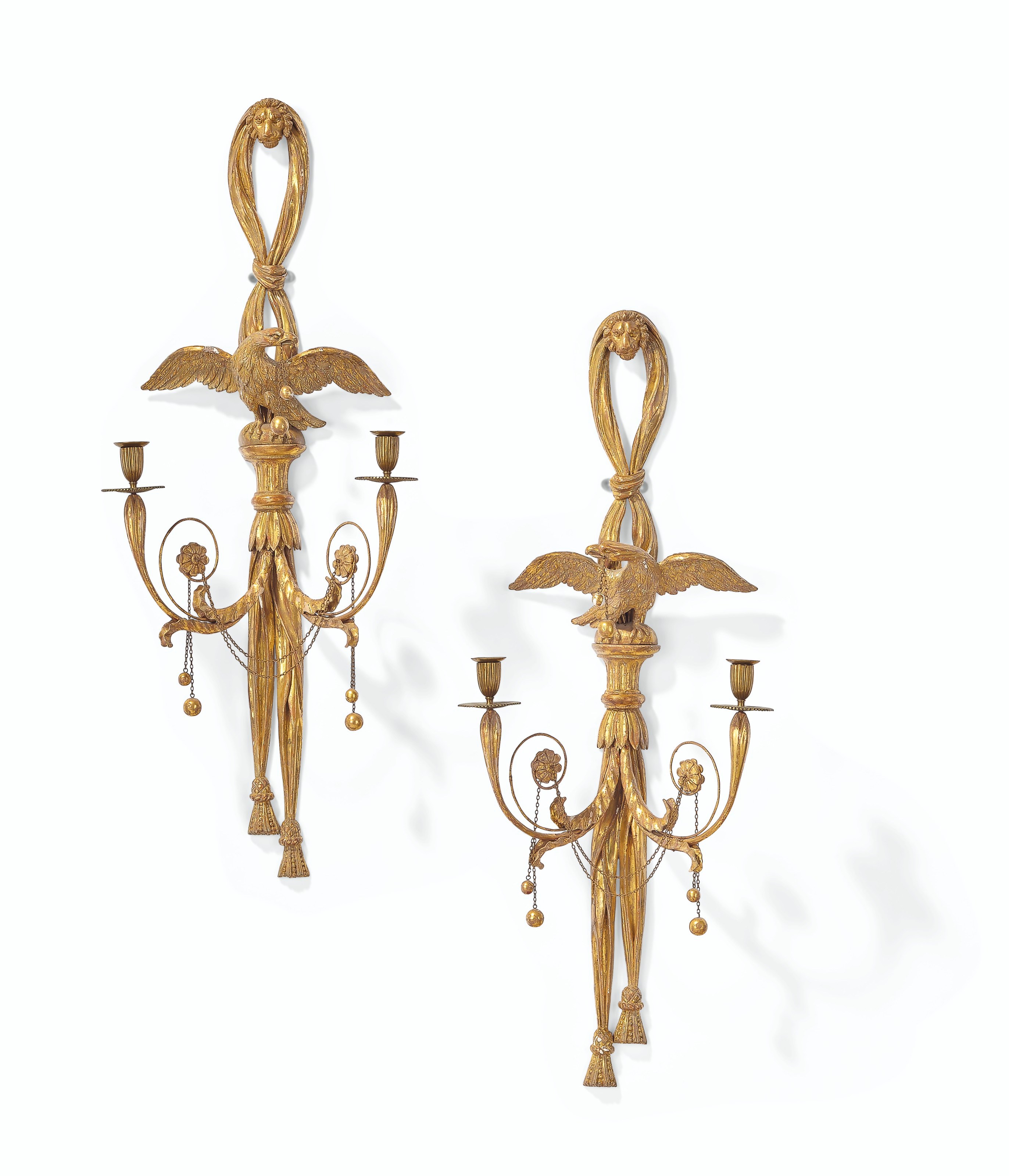 A PAIR OF GEORGE III GILTWOOD TWIN-BRANCH WALL-LIGHTS